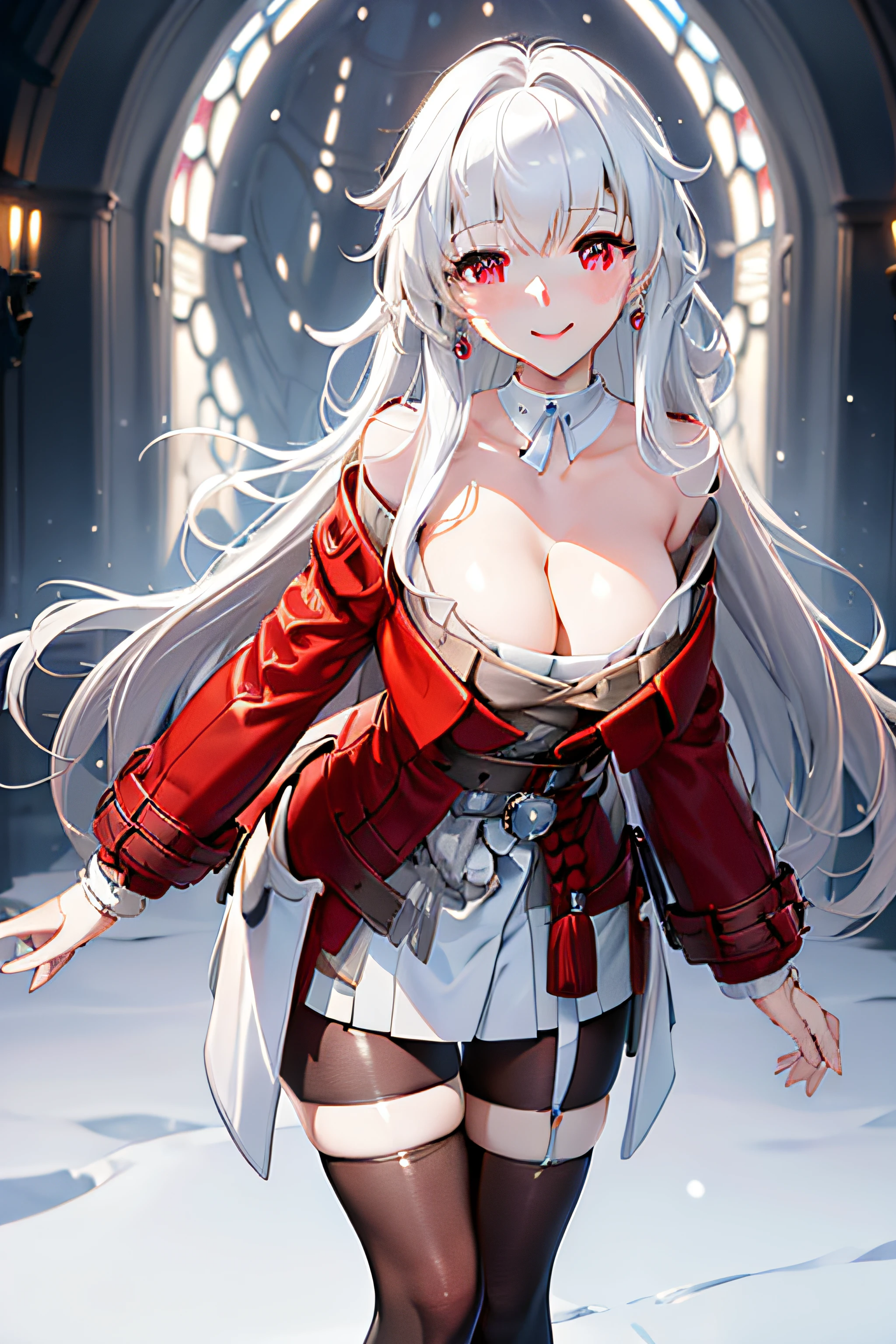 tmasterpiece,k hd,Good quality, at winter season,beam of light,Bright and snowy,1girll,Cover the chest,The face is veiled,setting sun,Light red blouse, Extremely delicate large eyes, Honkai,klara with huge breasts,Lori huge breasts cleavage,( Silvery-white hair。choker necklace,Earrings, Drill hair, ,Black gradient stockings,leather shoes,angle of view,Pay attention to arm details, Finger details, Shy, Smiling, Blushing, Perfect hands, Depth of field is warming up