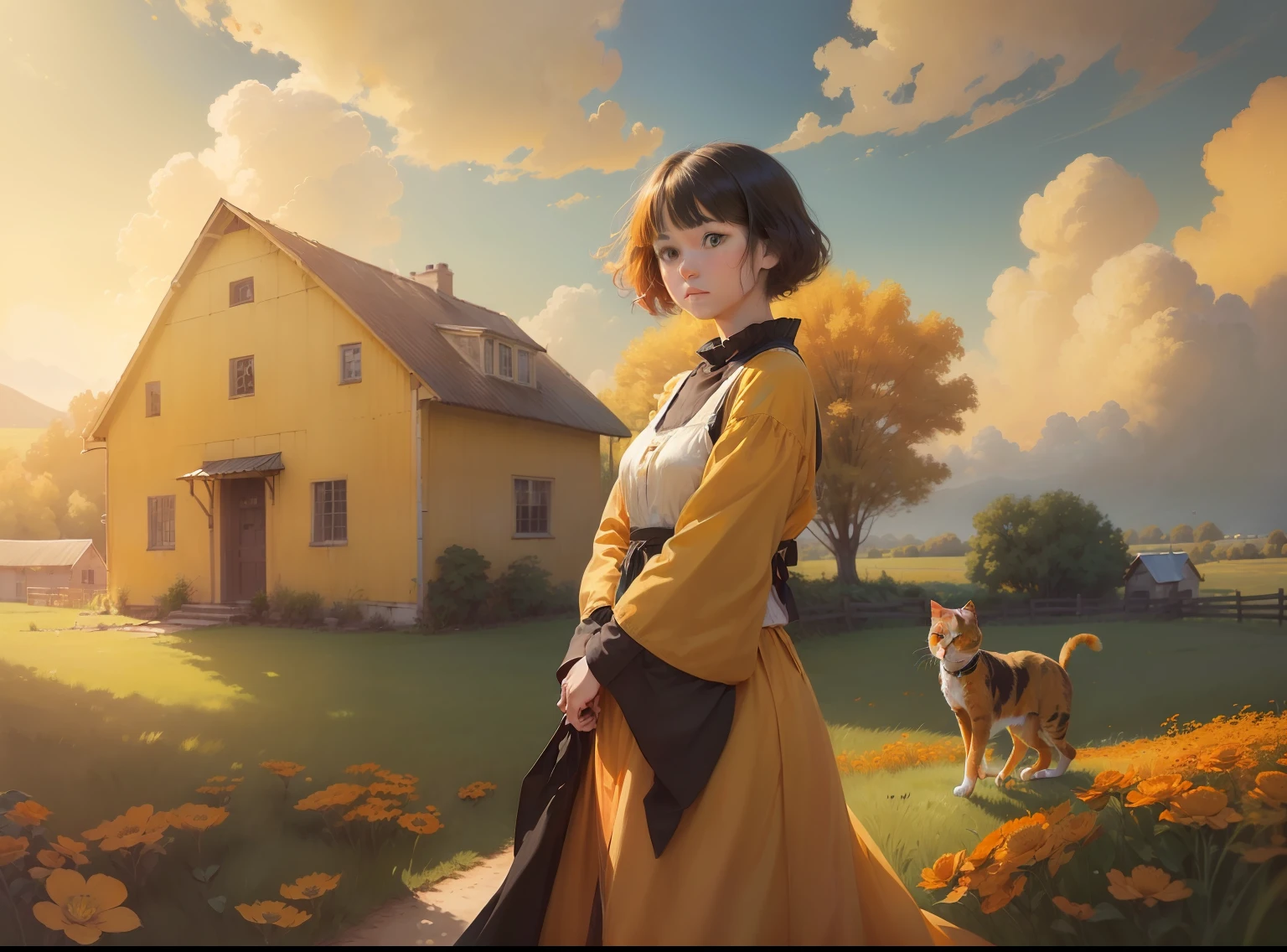 an image of ,((( ((((one)))) yellow orange calico house cat))), loving and attentive, young half Japanese half Caucasian ((girl with black hair)) , farm field summer background scene, Adobe Photoshop, Realistic Digital Painting, Portrait, High Resolution, Warm light, Symbolic Art, photorealistic, hyper-detail, 24k resolution.