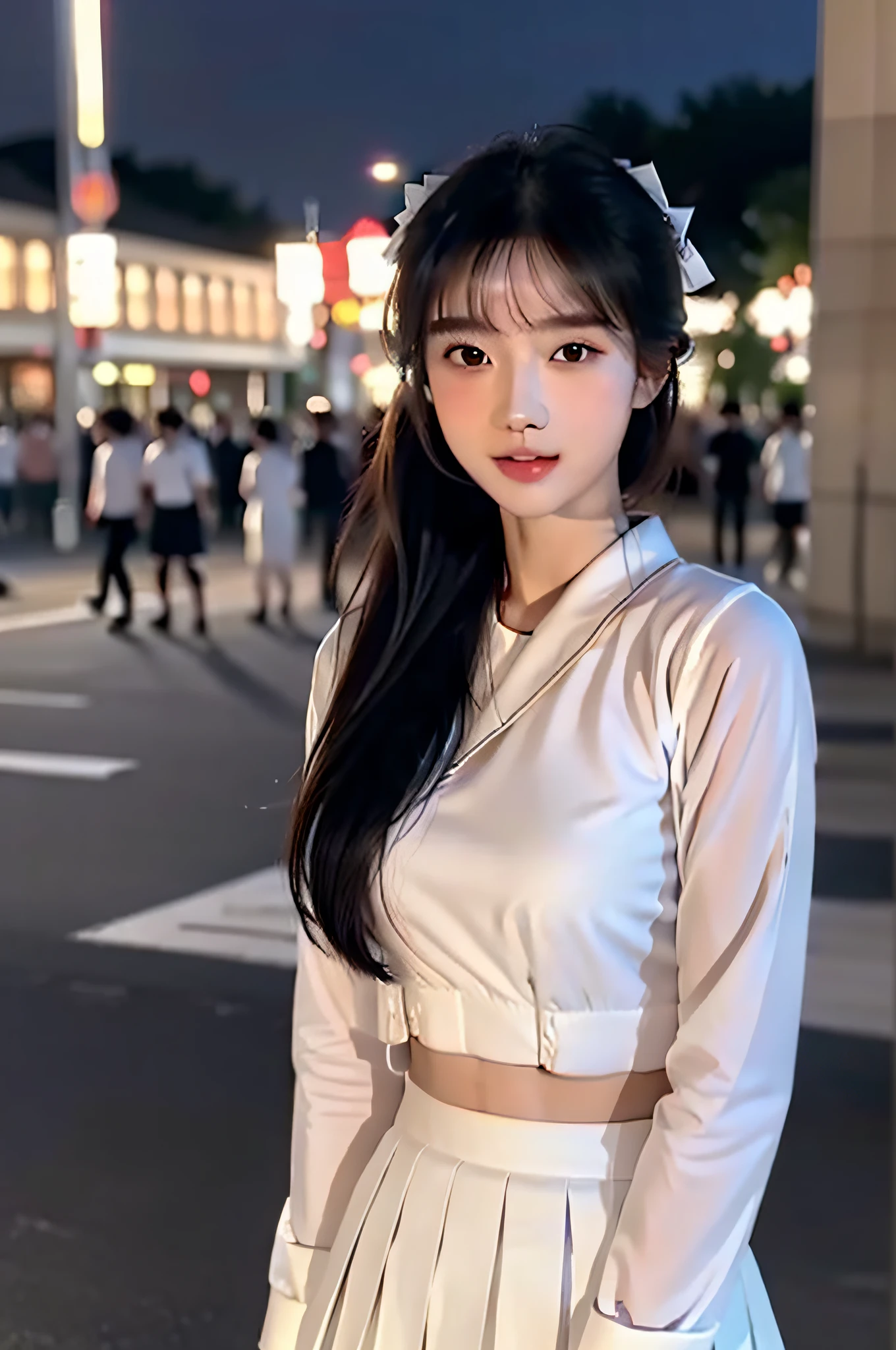 (the Extremely Detailed CG Unity 8K Wallpapers),(tmasterpiece),(best qualtiy),(ultra - detailed),(Most Best Illustration),(Best shadow),(真实感:1.6),Real human skin,lens flare glow,shadowing,Contre-Jour, blooms, depth of fields, natural lightting, hardfocus, filmgrain, looking at viewert, Asian people, Kpop idol:1.2,Kizi, 15year old, Single, being thin, White and tender skin,Soft lips, (light frow:1.4), Shiny brown eyes, short black straight hair, Large breasts,Lingerie with a slinger, perfect bodies,Beautiful Details Sky, street(crowd:1.2), Night, (nose blush),美丽细致的眼睛,White Japan school uniform,a sailor suit,a black pleated skirt,white stockings,athletic sneakers,cheerfulness,ssmile,wearing hair bow,French bangs