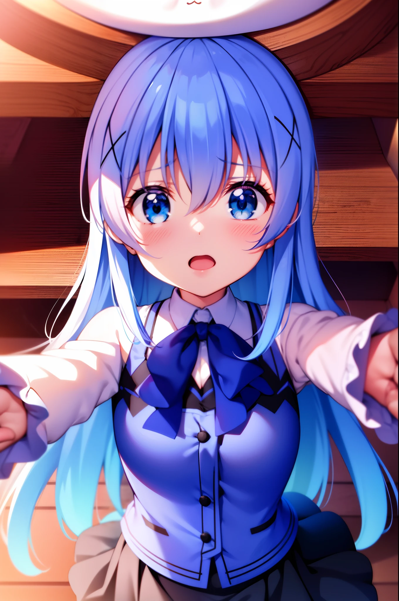 Is your order a rabbit?.Tomona Kaze.long hair.Blue eyes.light Blue hair. short stature.Face of sadness.Opening Mouth.large full breasts.up chest.Black long skirt.fighting stance.