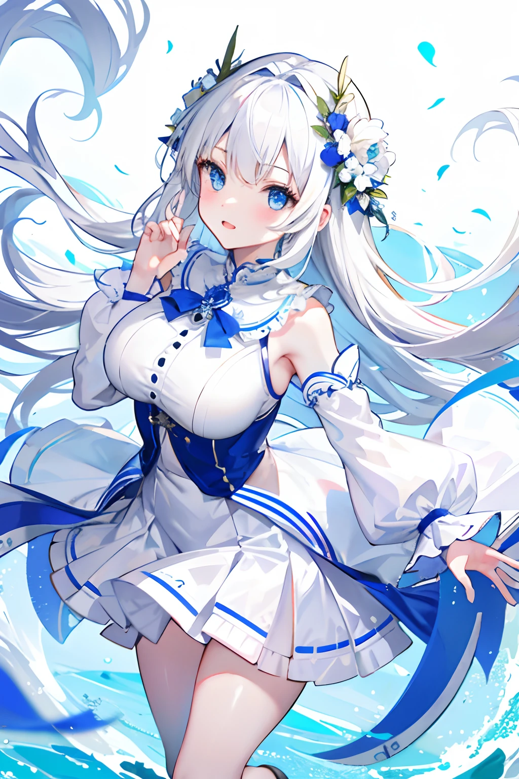 cute big breasts,A girl,White hair,Blue eyes,white dresses,flower sea,having fun,Wear a garland on your head,The action of running