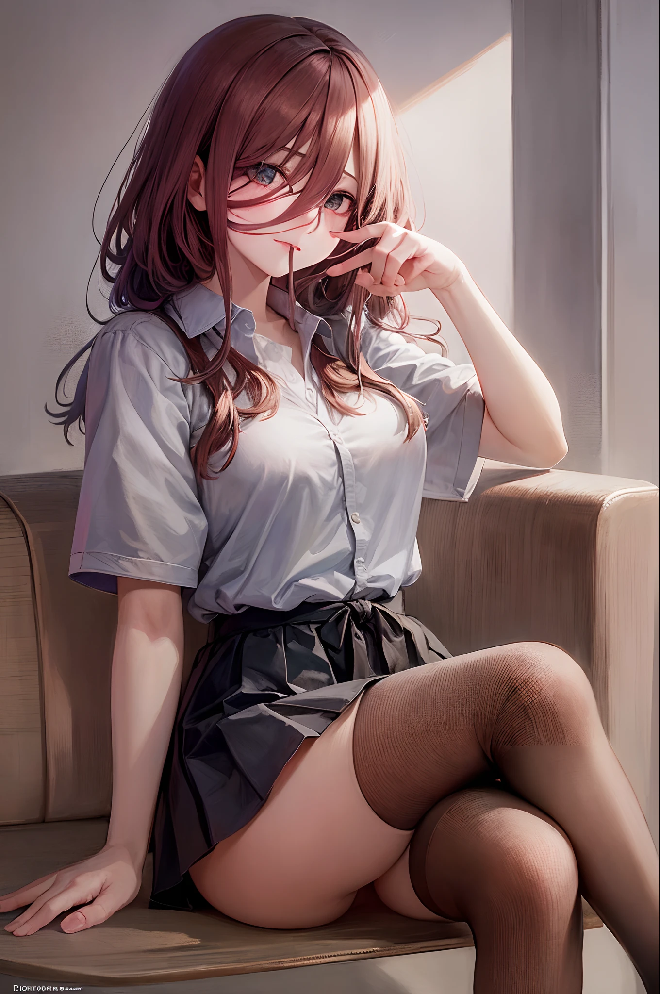 (Prominence in Masterpiece, Best Quality: 1.2), solo, 1 girl, Miku nakano, serious, mouth closed, looking at viewer, hand on face, sitting, legs crossed, collared shirt, tie up, skirt, stockings , big thighs, big breasts)