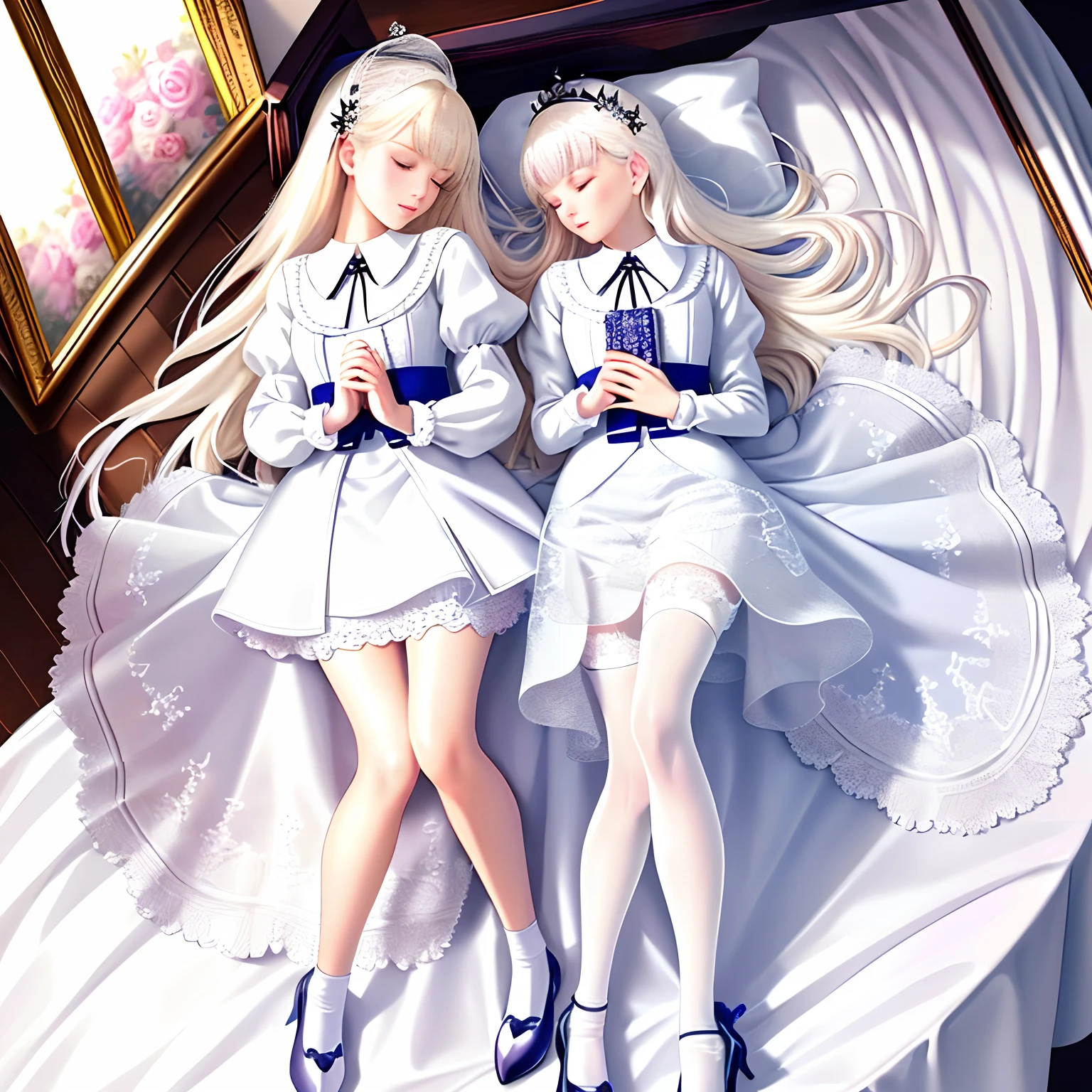 Beautiful twin sisters sleeping in a coffin,Evening wear,White cotton socks,The older sister wears Blue Mary Jane shoes,The younger sister wears pink Mary Jane shoes,Real Human,serene,florals,Royal Sister,A masterpiece of surrealism,Cute, Perfect body, Perfect hair, In the mansion, 8K, fold hands to chest,Detailed and Intrincicate,Lace pattern, detailed beautiful skin, (Kind smile:1.0), ( Long platinum blonde hair:1.2), finely detailed, ribbon, (Detailed praying mantis), Detailed beautiful white shiny skin,Pink stockings,dapper,Wearing a short skirt,fully body photo,Positive perspective,(White shirt:1.2), (Masterpiece), (Photorealistic: 1.3), (lying on the table: 1.8) , Super detail, (fine skin detail: 1.2), (Best: 1.0), (Super fine: 1.0),