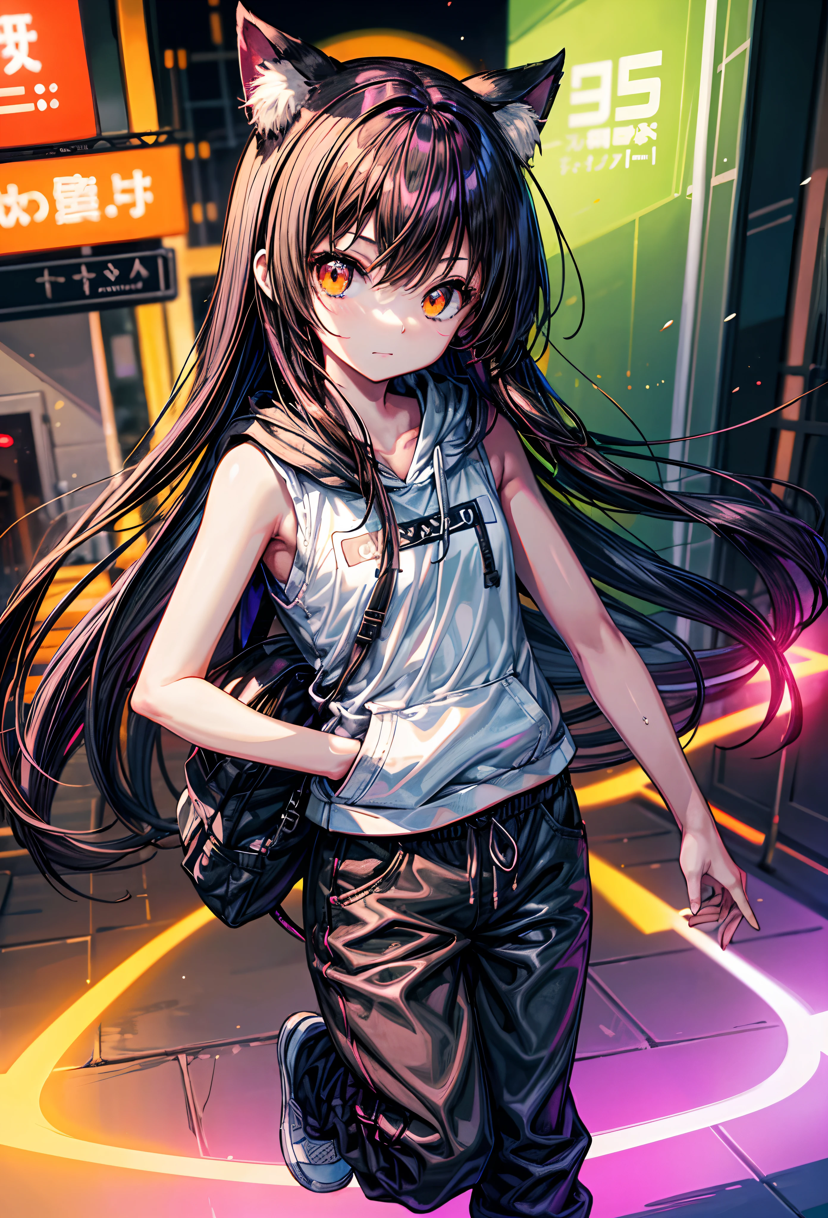 ​masterpiece、Flat background、without background、full body Esbian、is standing、女の子1人、独奏、cute little、Oversized Orange Hoodie、tshirts、7-minute length pants、50mm portrait、Delicate facial features、semi - realistic、foco nítido、The ultra-detailliert、absurderes、depth of fields、neons