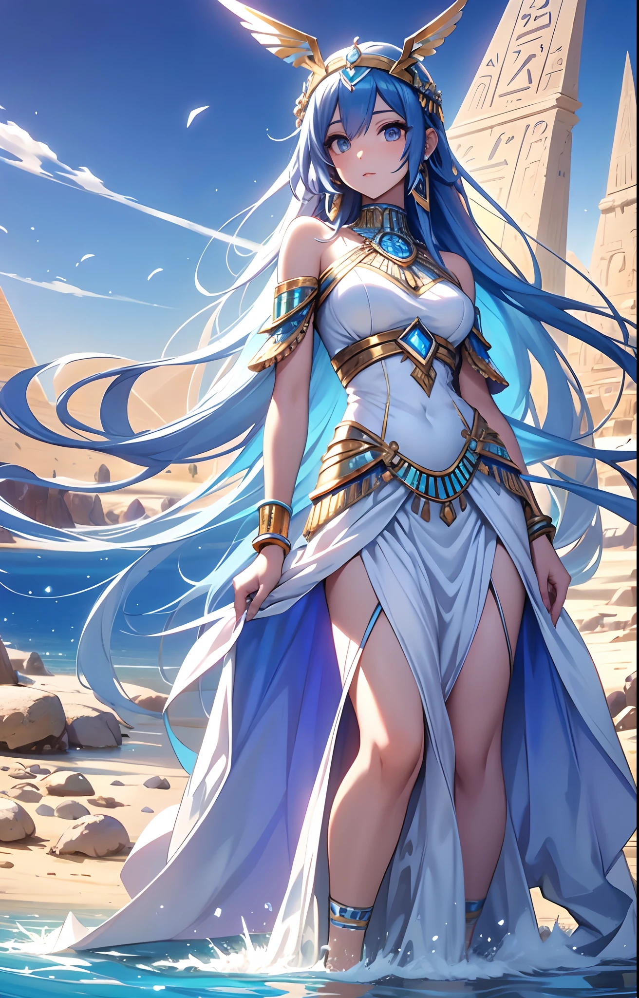 best qualityer，tmasterpiece，Ultimate resolution，downy，Extremely colorful，Colorful，Oasis background，Ancient Egyptian woman，Long azure hair，a matural female，Long white dress in Egyptian style，a white long skirt，Treading water，Desert oasis，Nile River，Normal posture