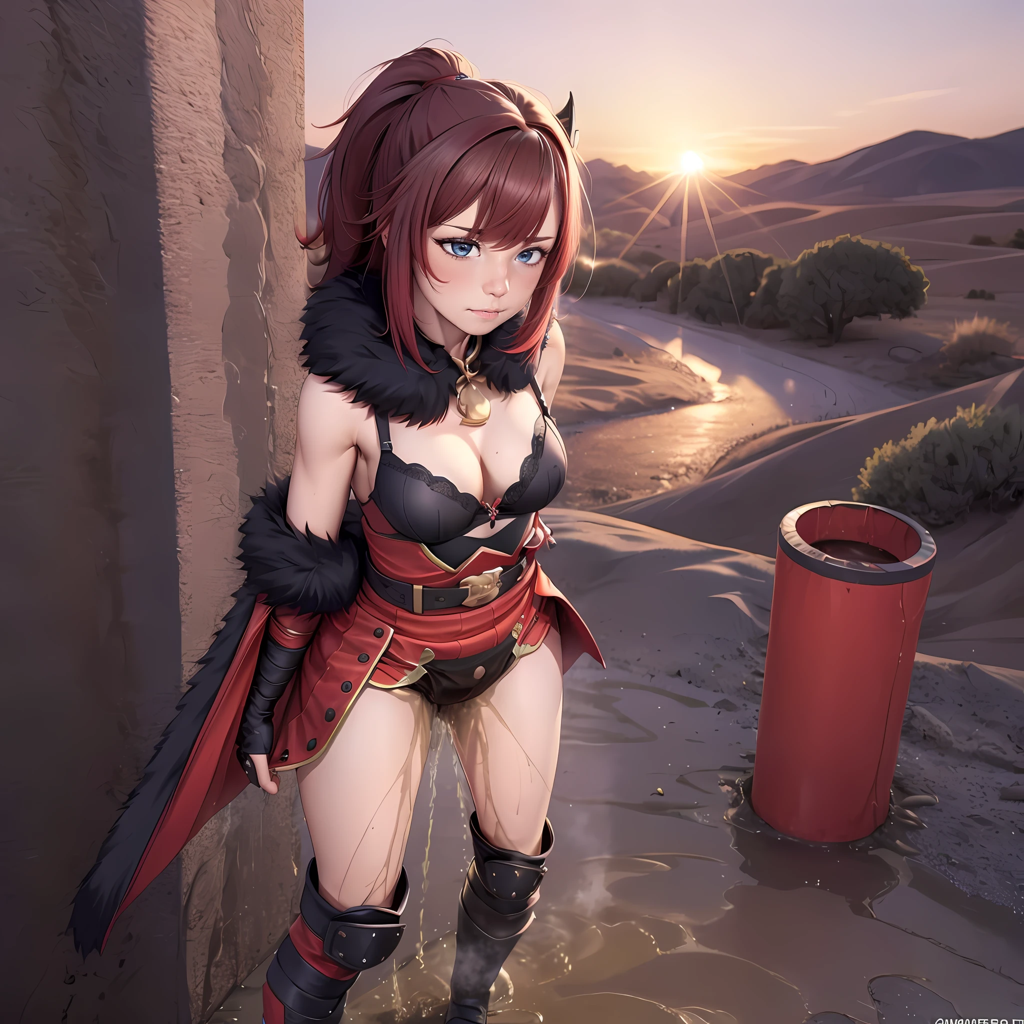 (masterpiece, top quality, best quality, highly detailed:1.2), colorful, 1girl, solo, photo of a sexy warrior woman standing and peeing on the ground, peeing self, having an accident, pee running down legs, desert, sunset, outdoor, standing, ((pee stream)), (pee puddle), pee stain, panties, red armored skirt, wet skirt, peeing, wet stockings, pantyhose, blush, trembling, embarrassed, muscles, red hair, blue eyes, black armored boots, sleeveless red fur jacket, black armored bra