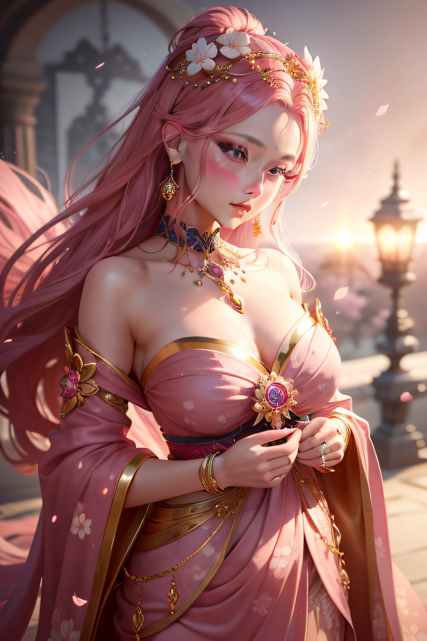 best quality, masterpiece, highres, 1girl, china dress, hair ornament, necklace, jewelry, Beautiful face, upon_body, tyndall effect, photorealistic, dark studio, rim lighting, two tone lighting, (high detailed skin:1.2), 8k uhd, dslr, soft lighting, high quality, volumetric lighting, candid, Photograph, high resolution, 4k, 8k, Bokeh, pink hair, medium breasts,