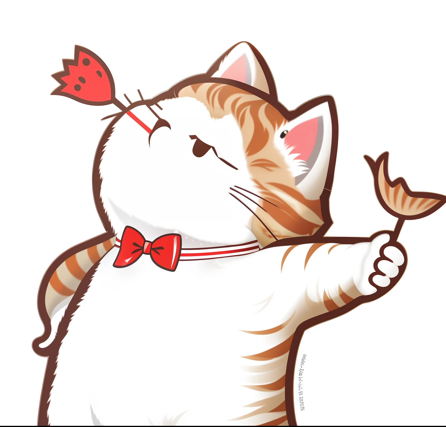 A cute cat, Red bow tie around the neck,Hold a small fish in your left hand,The right hand crosses the waist,Roses in his mouth,Standing on the ground,Plush body,3Drenderingof,IP image,Do not ghost,Do not appear with other materials,Do not overlap,Don't misalign