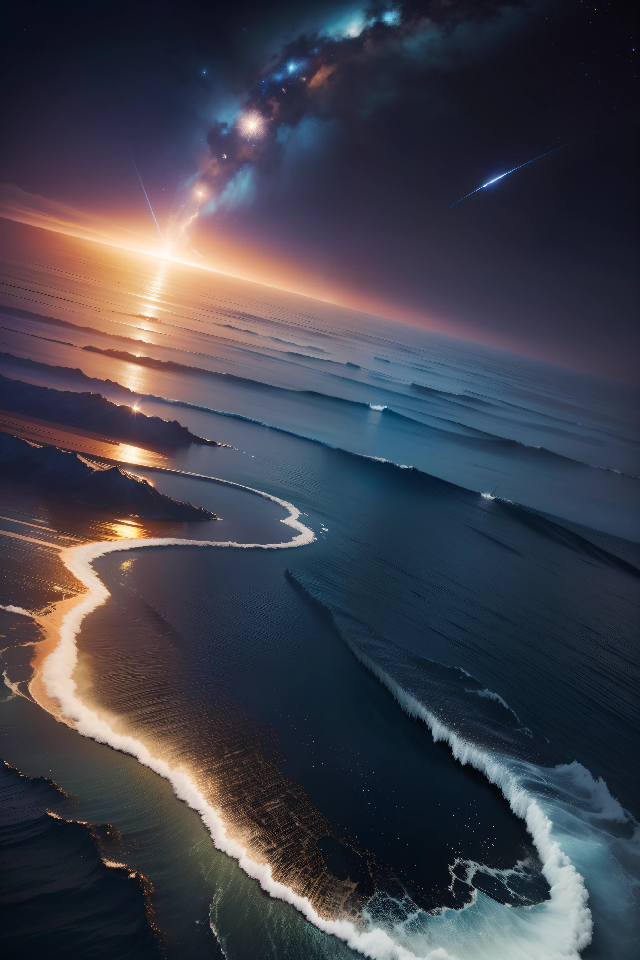 When you open the starry tide picture,You will see a spectacular night sky。The dome of the sky is covered with countless bright stars,They emit a brilliant light。There are thin lines between the stars,Interwoven into a spectacular star map,Reminiscent of the boundless universe。
Under this vast starry sky,It's a wide ocean。The waves are rolling on the sea,It presents a staggered layer of deep blue and azure blue。Every lap of the waves stirs up high waves,It shimmered like a faint light like the Milky Way。
Right in the middle of the sea,It's a huge star。The light of this star is particularly bright,It can illuminate almost the entire starry sky and ocean。Its light extends into a pillar of light,Straight through the clouds,Reflected in the depths of the sea。
Pillars of light run through the surface of the ocean,Form a shining channel。Through this channel,You can vaguely see a city in the depths of the ocean。The city towers over the water,The building rises into the sky,Prosperity and prosperity。
The city is surrounded by a vast expanse of water,The water is rippling,Countless small boats can be seen sailing。The people in the boat were cheering and celebrating,They seem to be inspired by the breathtaking views of the starry sky and ocean,Full of endless passion and energy。
The whole picture exudes a mysterious and shocking atmosphere,It's fascinating,It's like being in a mythical world。