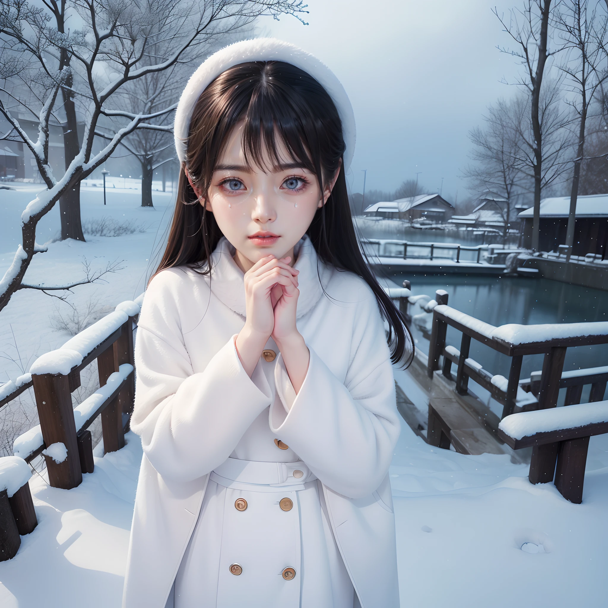 (Great masterpiece、high-level image quality、high high quality),(A Japanese lady、adolable,goodlooking:1.3、25 age old)、(The female mind in pain and despair、The cold of winter freezes you、Chilling)、(The hue is white、Crying heartbreak、Tears)、(Perfect and complete anatomy、Perfect and beautiful limbs)、(Winter clothing、Solitude)、Snowflakes fluttering、Cloudy sky、Crying in a corner of the city、professional photoshooting、Spiritual imagery、Love and sadness、