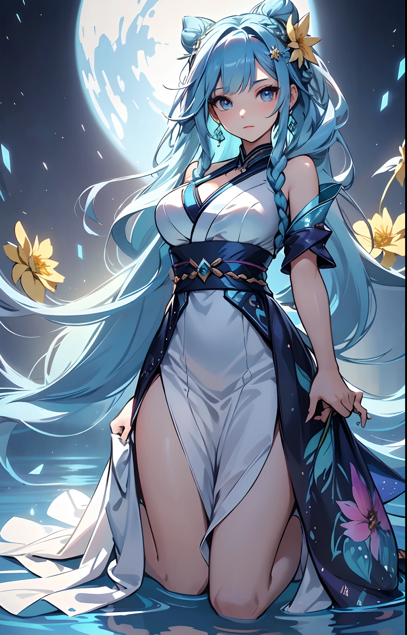 A woman with long blue hair and a white dress standing in water - SeaArt AI