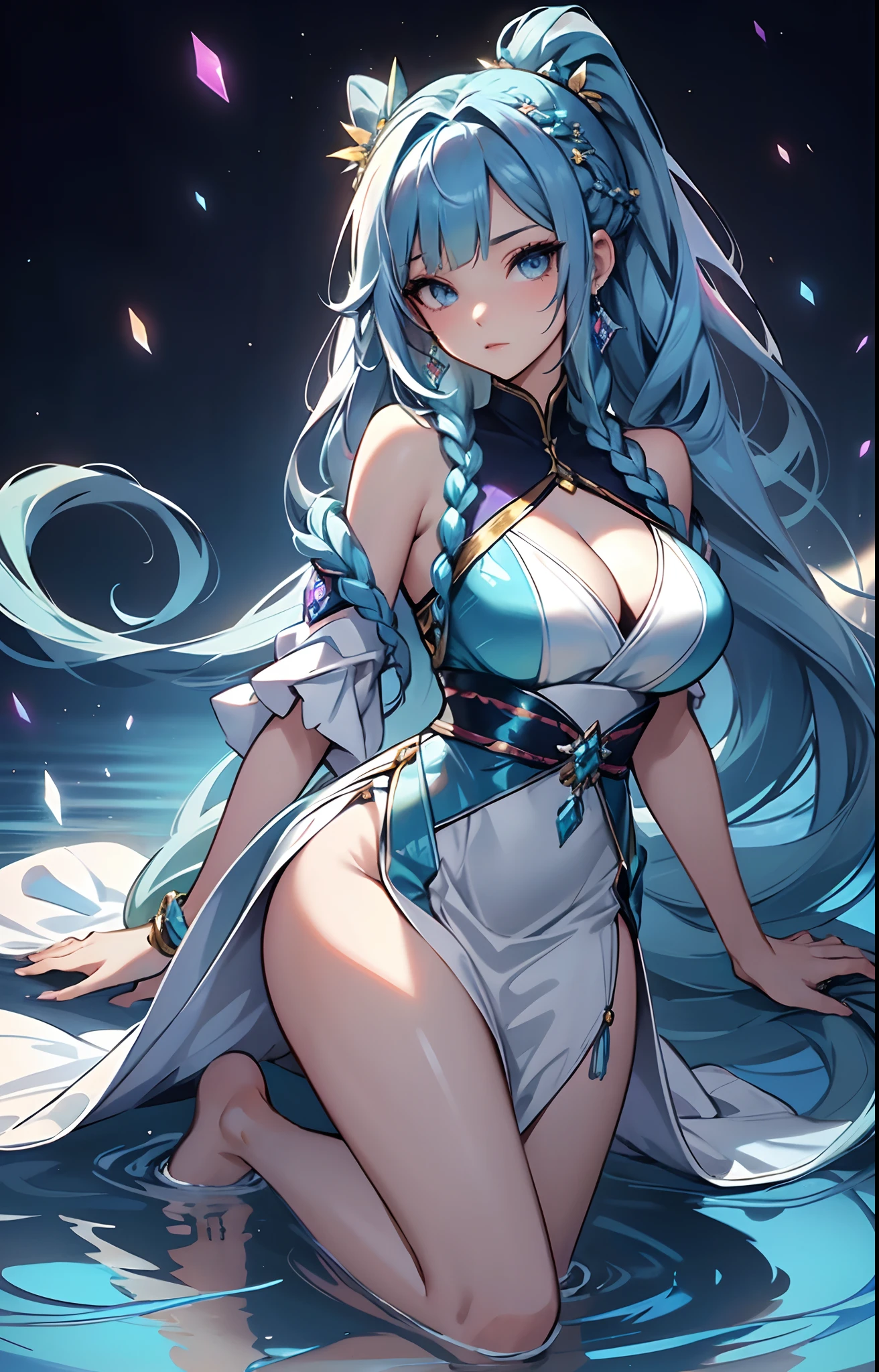 best qualityer，tmasterpiece，Ultimate resolution，downy，Extremely colorful，Colorful，water background，（Lake surface）,Dancer，White kimono long dress，huge tit，hair-bun，Fine braids，（Long aqua blue hair），Blue lip gloss，a matural female，（The barefoot），Kneeling pose，daffodil，Normal posture