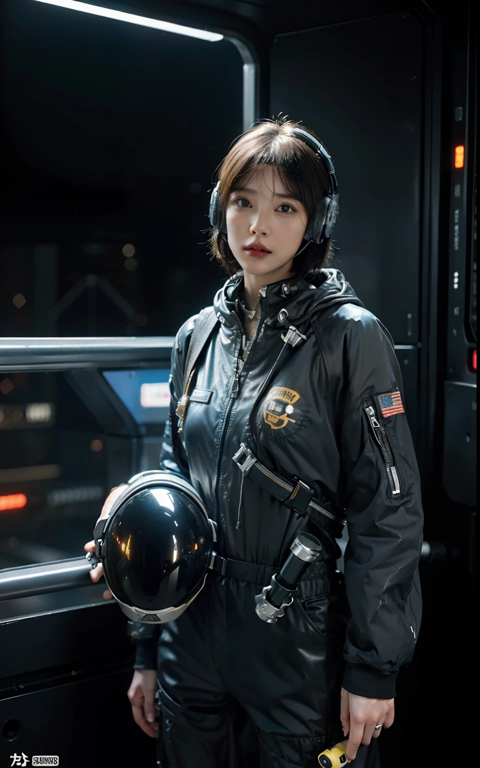 Highest image quality, outstanding details, ultra-high resolution, (realism: 1.4), ((cowboy shot)), the best illustration, favor details, highly condensed 1girl, (cyberpunk, cyborg), a delicate and beautiful face, (short hair), (wearing baggy spacesuit with ring-helmet-disconnecter, attached black and gray mecha, yellow pipes and codes, flanges on spacesuit), (cyberpunk headset), (mark radioactivity-hazard-symbol), ((revealed only head)), ((sorrow)), nobody rocket-launcher platform