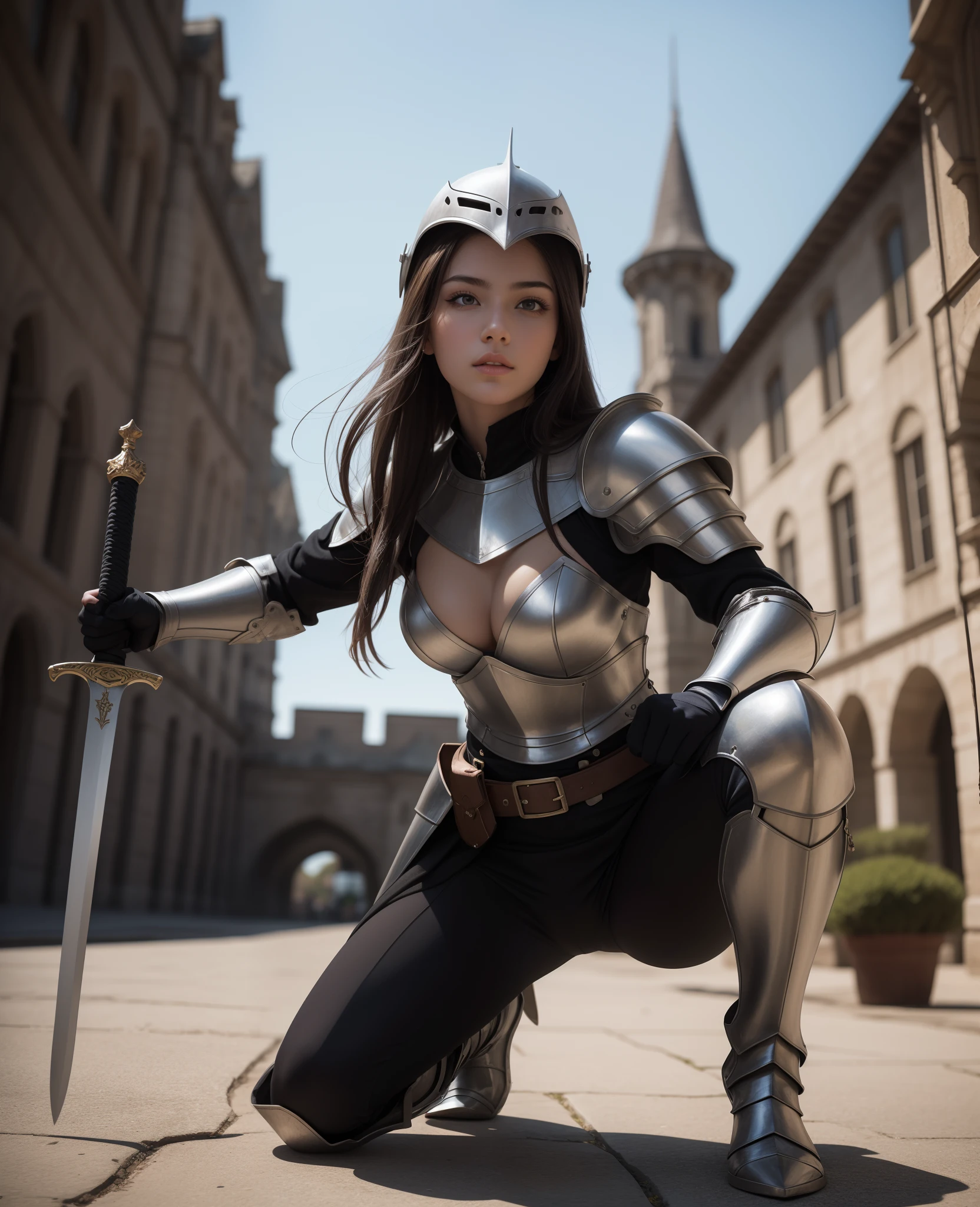 (masterpiece, best quality), (absurdres:1.3), (photorealistic:1.4), RAW photo of beautiful (18-year-old:1.4) European girl, (ultra detailed, ultra realistic, hyper realistic, 8K, ultra highres:1.2), (dynamic pose:1.2), bokeh, sharp focus, depth of field, long hair, (high detailed skin, detailed skin texture:1.2), BREAK lips, slim, detailed eyes, detailed face BREAK girl, (knight costume), armor, helmet, holding large sword, battlefield, castle, soldiers, BREAK (fighting stance:1.2)