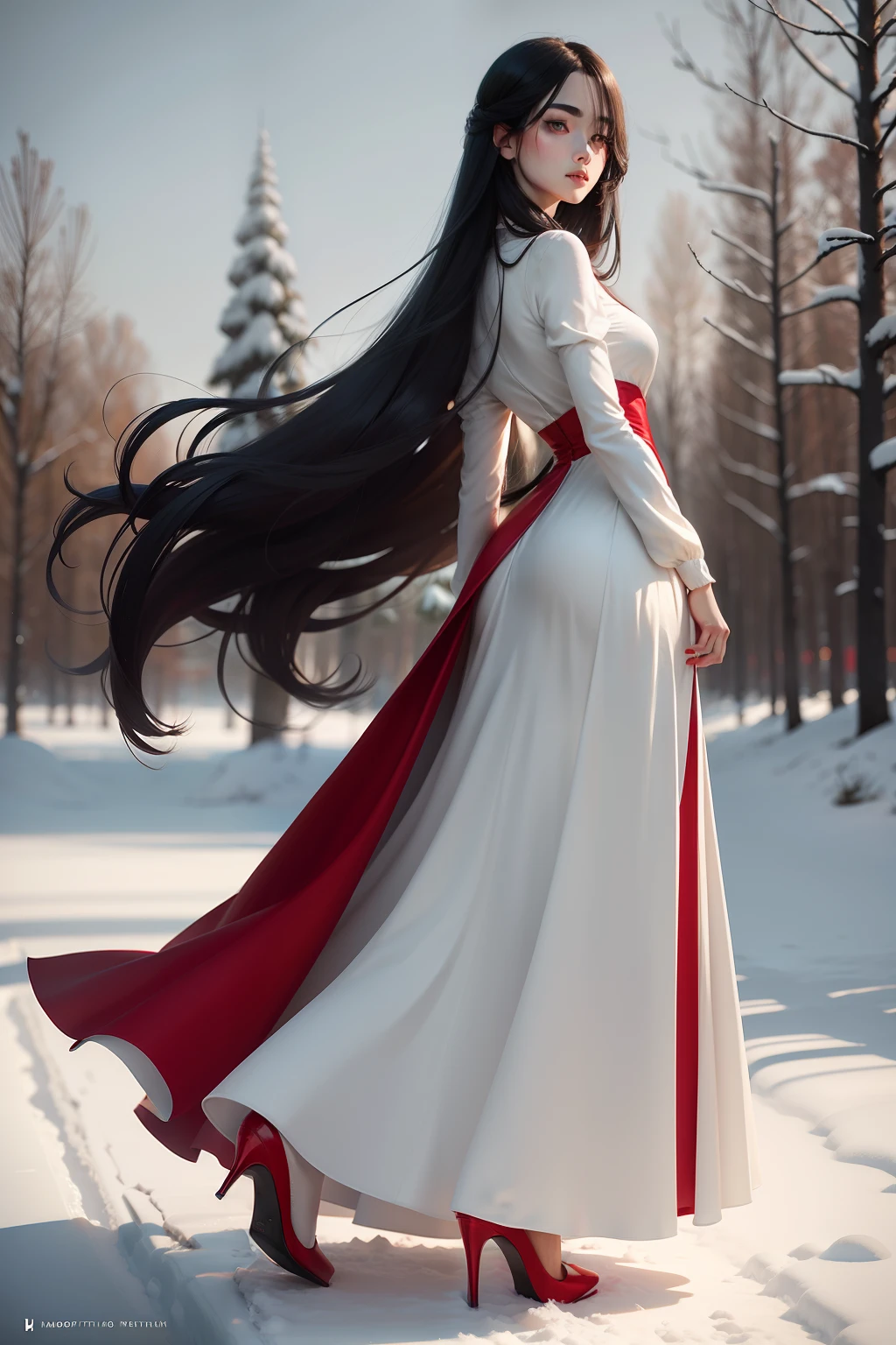 Beauty in snow-white long dress, reddish face, slender legs, long black hair, slender figure, wearing red high heels
