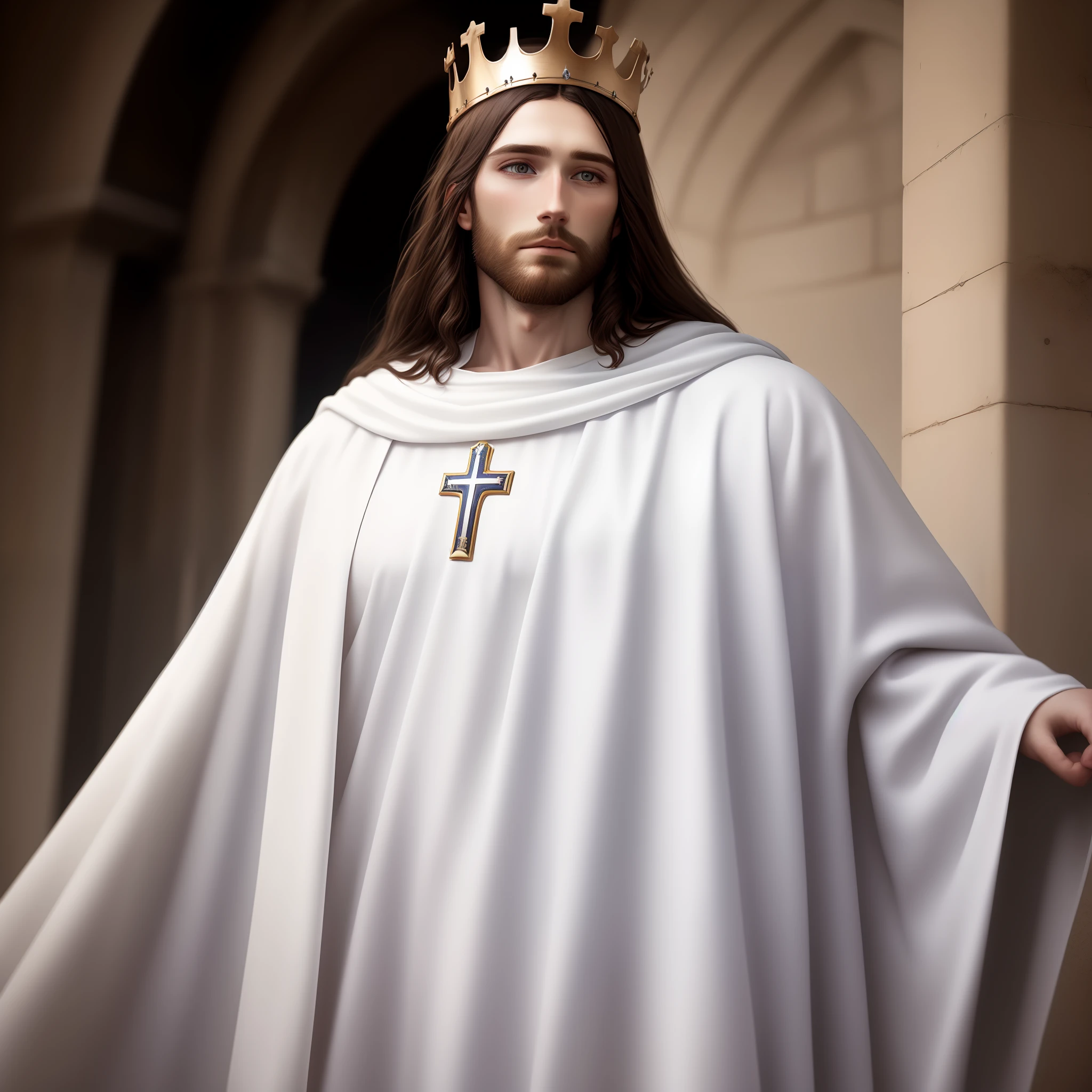 Jesus Christ, realistic photography, dressed, man, suffering, white long clothes, crown, heaven on the background