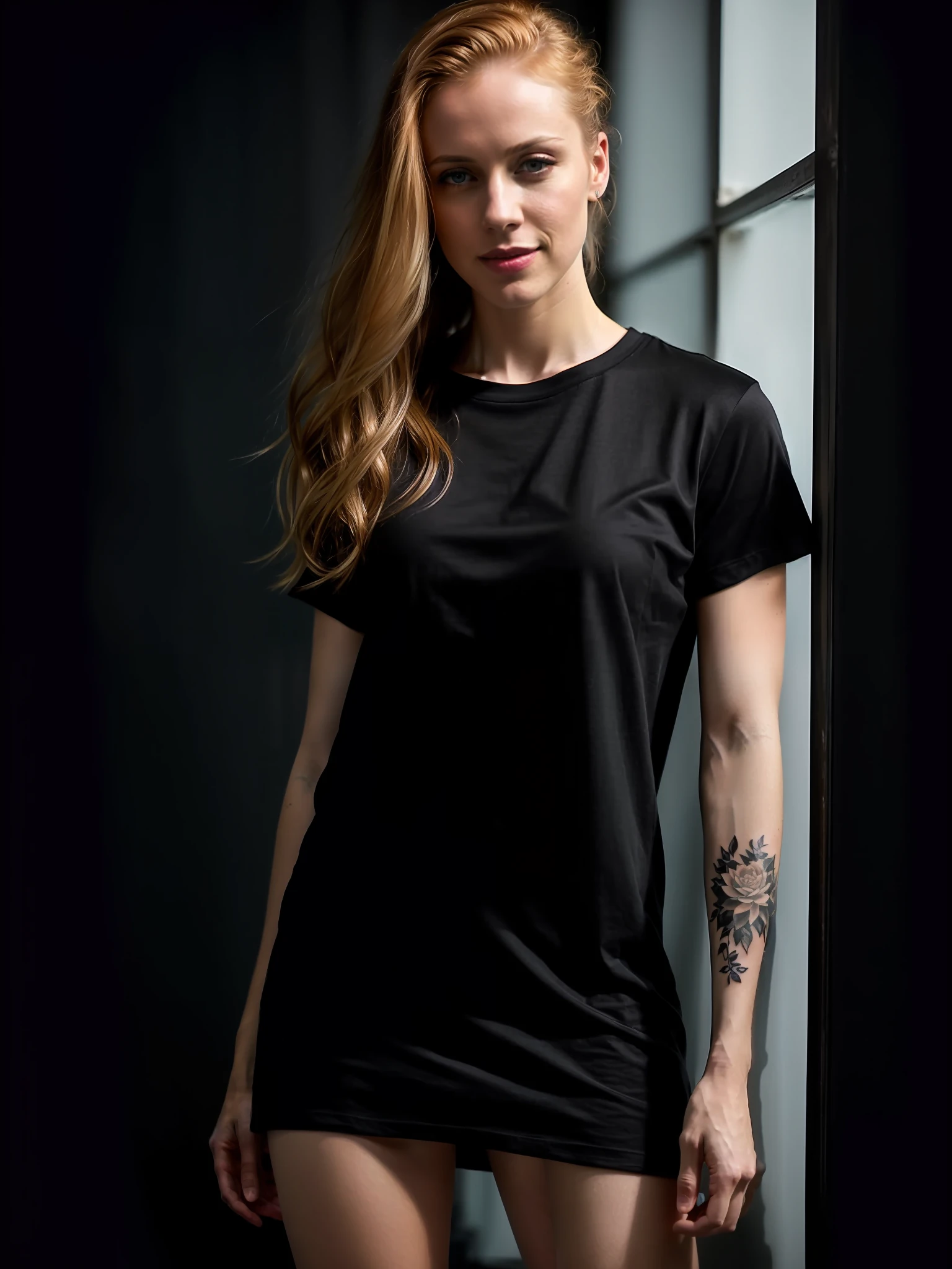 RAW photo, a close-up portrait photo, full body front view of 25 year old female, Deborah Ann Woll, (((wearing only a plain men's T-shirt as a dress))), (((round shirt collar, crew neck))), (((wearing only men's plain black large T-shirt))), (((men's plain black large T-shirt: 1.2))), (((short-sleeved T-shirt, men's large plain T-shirt))), (bare legs, leg showing , t-shirt covering legs), (((excited chest))), (((arm tattoos))), wavy red hair, short haircut, pale skin, slim and toned body, dream shot, dramatic pose, looking straight at camera, intense gaze, ((smile)), portrait, half body crop, half body shot, full body shot, ((from facing the camera, front view)), detailed skin texture, standing in the nightclub, (highly detailed skin: 1.2), 8k uhd, dslr, ((uv light)), (((difuse uv lirht, soft uv lighting nightclub style, ultra viollet nightclub illumination))), high quality, film grain, Fujifilm XT3, (wallpaper 8k from extremely detailed CG unit), ((square jaw)), (well-defined jaw), (downturned lips), (detailed anatomy), hyper-realistic, trend in cgs society, intricate, high detail, sharp focus, Dramatic, Volumetric lighting, digital painting, intense, modelshoot style, (extremely detailed 8k wallpaper from CG unit), full body shot of the world's most beautiful artwork, pearlescent skin, Directed By: Jeremy Mann, trending on ArtStation , Photorealistic painting art by MidJourney