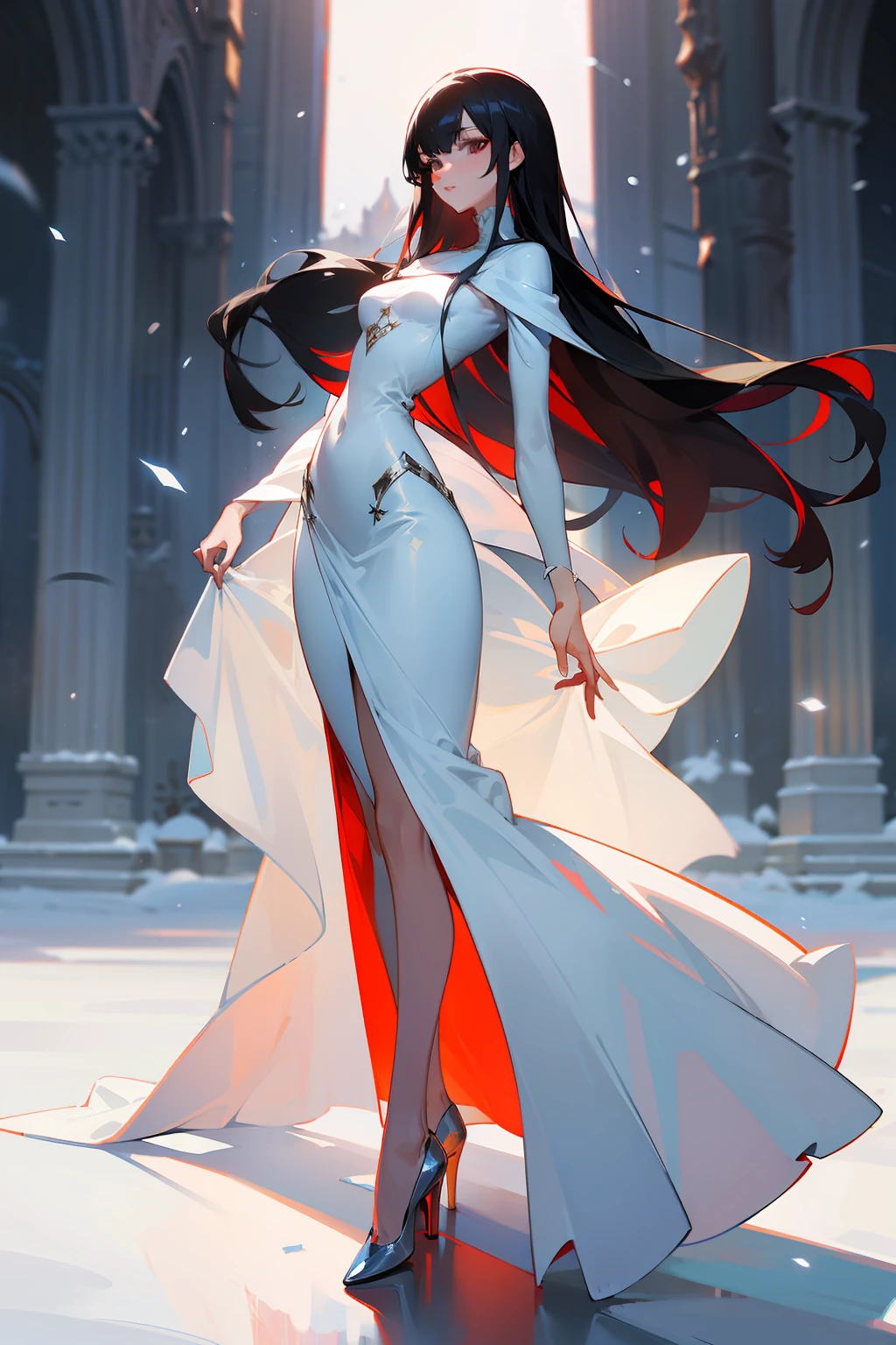 Beauty in snow-white long dress, reddish face, slender legs, long black hair, slender figure, wearing red high heels