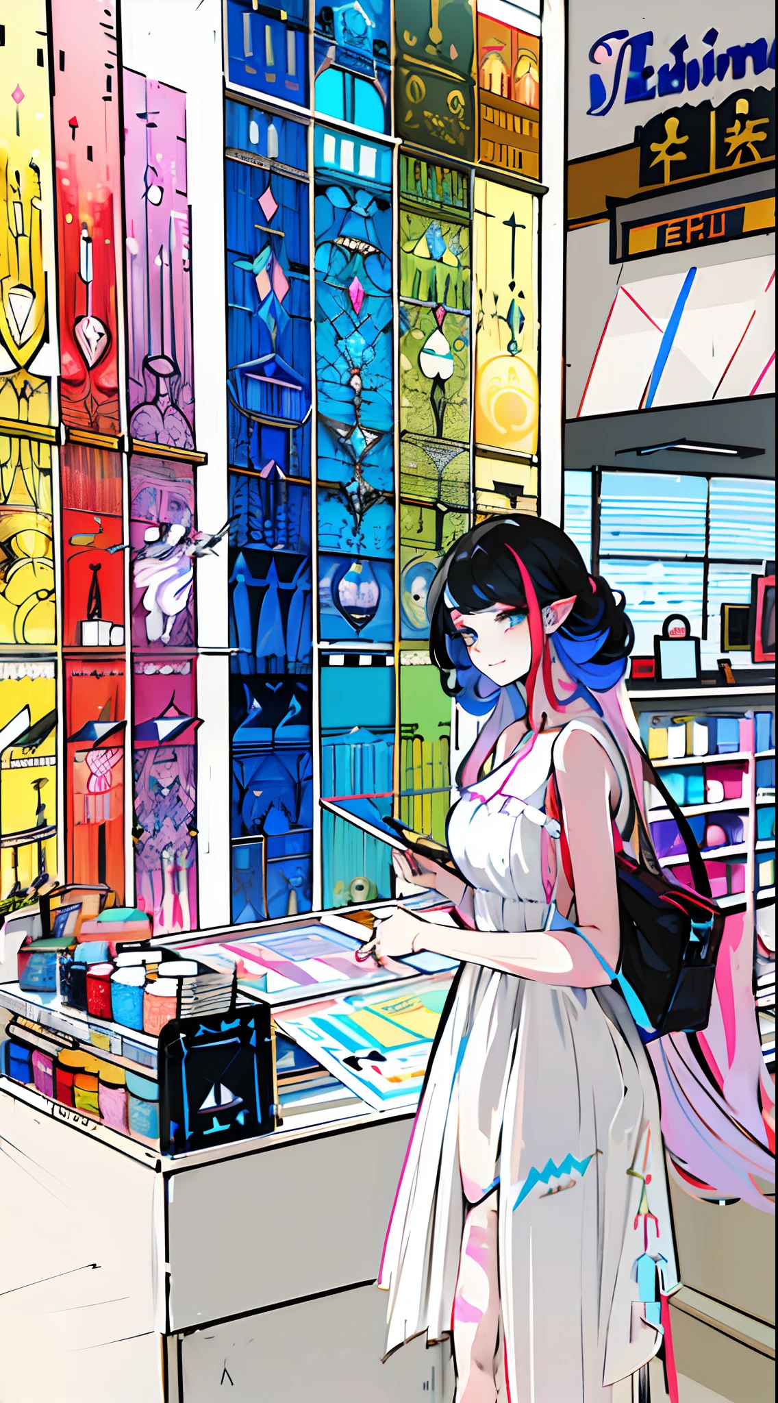 Beautiful woman in white dress standing in front of the store, big breasts beautiful，high detal，  colorful aesthetic, cabelos preto e longos, ssmile，tmasterpiece，height of 165cm，Carrying a bag，Pastel tones, (Chaotic geometry:1.3),(Negative space:0.8),(Drawing board:1.3 ), (Etheric color ink flows:1.3)，Art book style