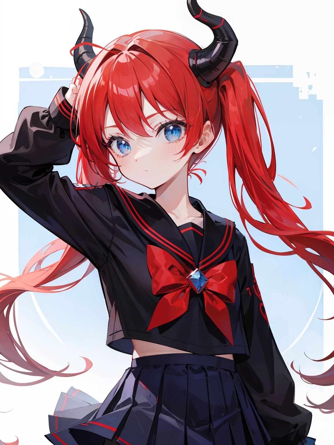 red hair, blue eyes, twintails, Sailor suit,black coat, Dragon horns,Pleated skirt,solo,li,cute,bow