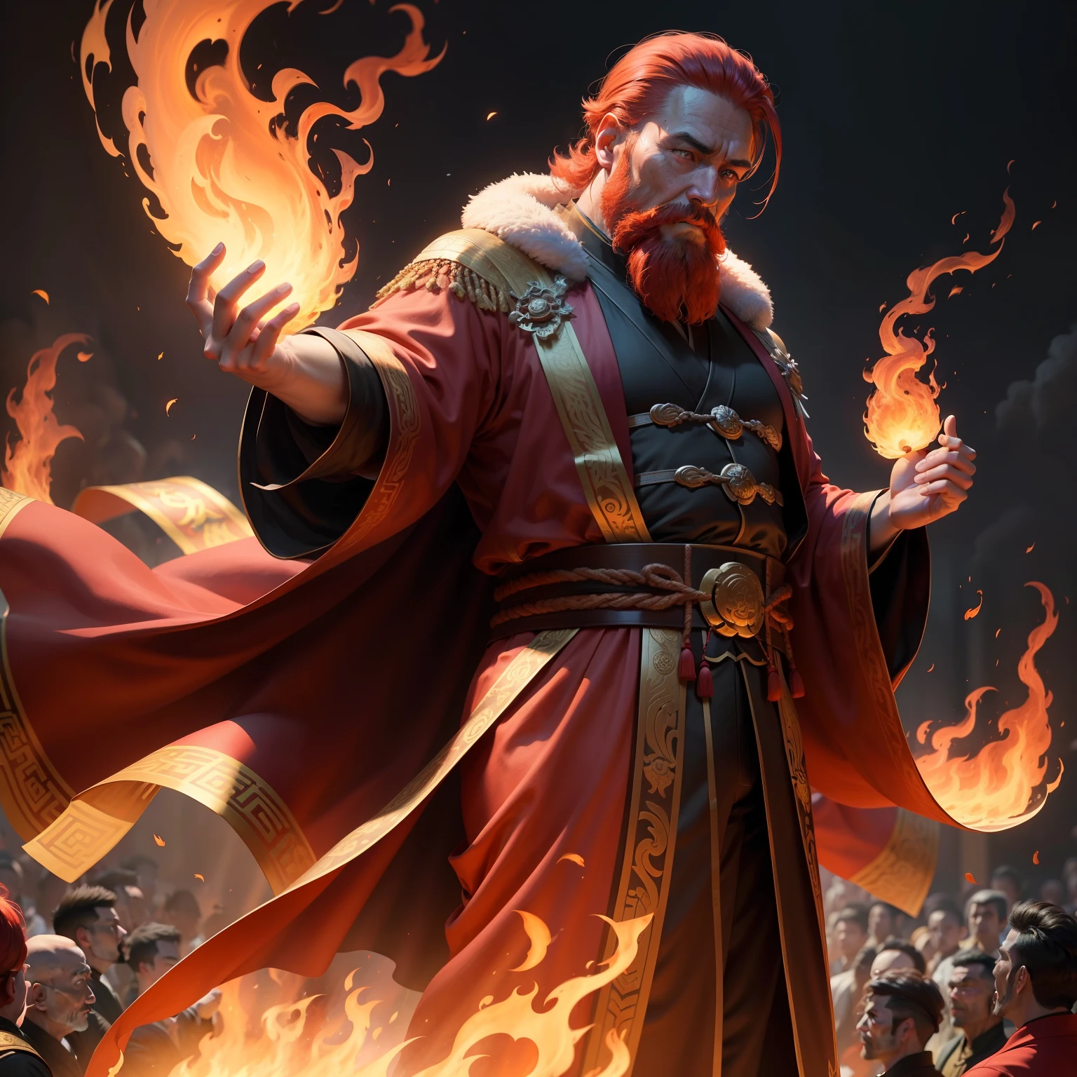 Immortals of fire attributes,Wearing a Taoist robe,male people,Fly in the air,old age,Red beard,Slightly fat