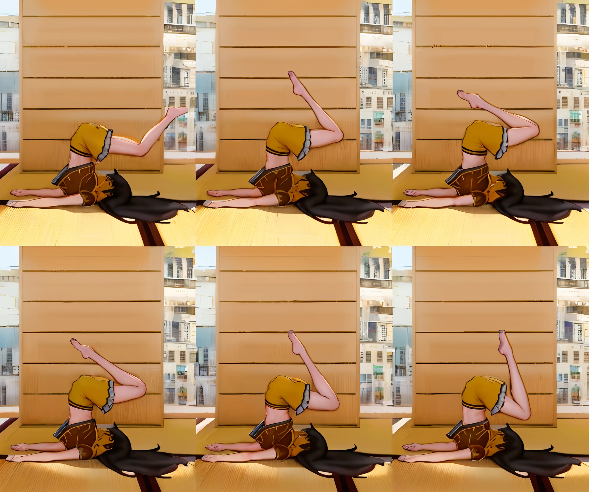 yellow clothes, unparalleled masterpiece, ultra realistic 8k CG, perfect artwork, (1girl:1.1) , solo, ((perfect female figure)), (nsfw), looking at viewer, mature female, (teasing), best quality:1.1 , seductive posture, sexy pose, alluring, (beautiful), (curvy), (thick), brown hair, (bright yellow eyes:1.2), short hair, earrings, jewelry, denim vest, open vest, black pantyhose, black shirt, denim skirt, striped long sleeves, toned legs, fit, (abs:1.1), (big butt:1.4), peach ass, (athletic body:1.2), (large breasts:1.3, (big_breasts:1.1), wide_hips:1.5, narrow waist, small waist:1.5, slender body:1.2, thick thighs:1.3), (shiny skin:1.2), (hdr), (street:1.2), Nikon D850 film stock photograph Kodak Portra 400 camera f1.6 lens, rich colors, lifelike texture, dramatic lighting, unreal engine, trending on ArtStation, by Gerald Brom, by Frank Frazetta, by Luis Royo, by Julie Bell, by Boris Vallejo, arafed image of a woman doing a yoga pose on the floor, various bending poses, anime pose, lying dynamic pose, bending poses, relaxed poses, strange poses, most strongest pose, various pose, upsidedown, pointè pose, yellow clothes