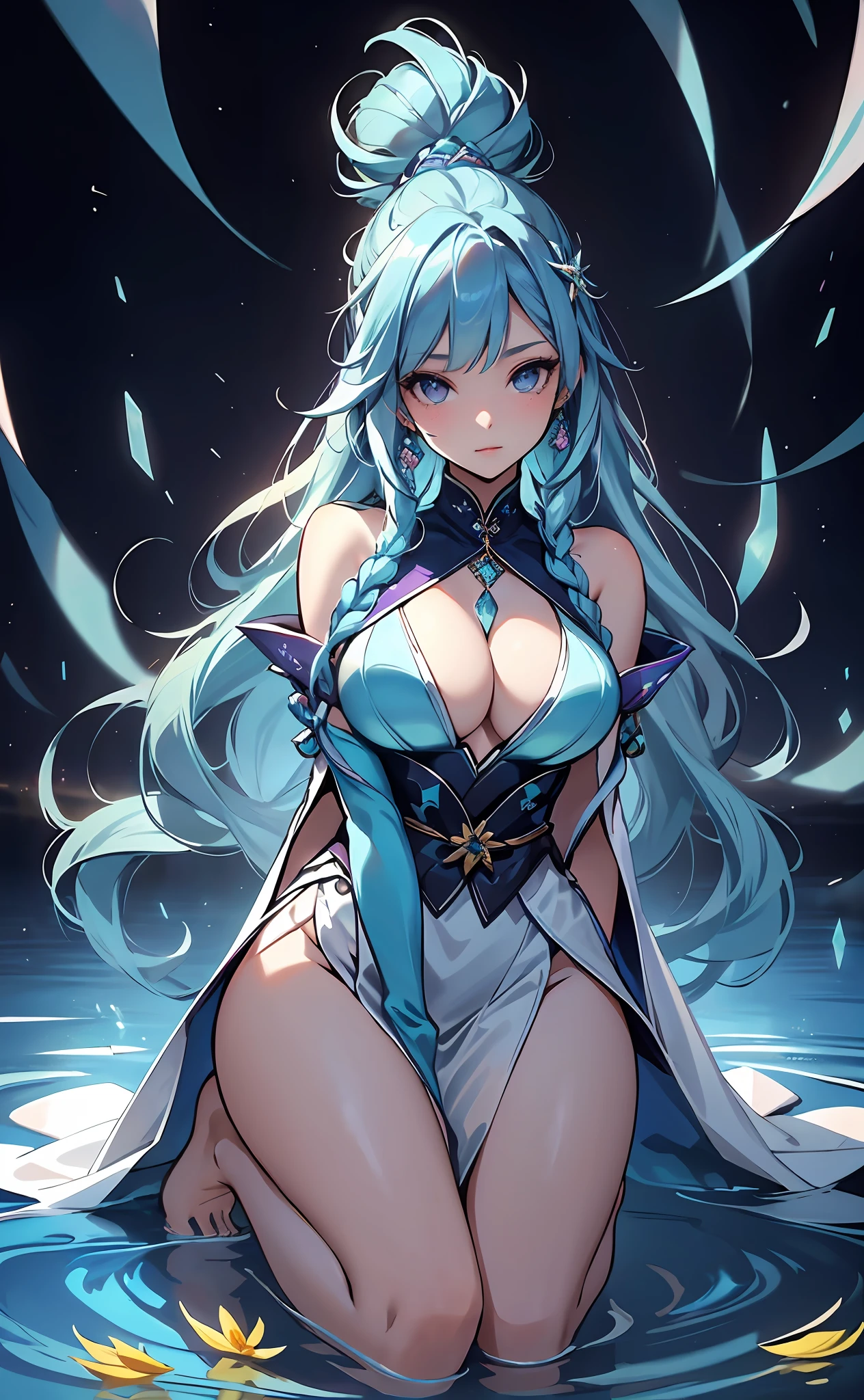 best qualityer,tmasterpiece,Ultimate resolution,downy,Extremely colorful,Colorful,water background,(Lake surface),Dancer,White kimono long dress,huge tit,hair-bun,Fine braids,(Long aqua blue hair),Blue lip gloss,a matural female,(The barefoot),Kneeling pose,daffodil,Normal posture