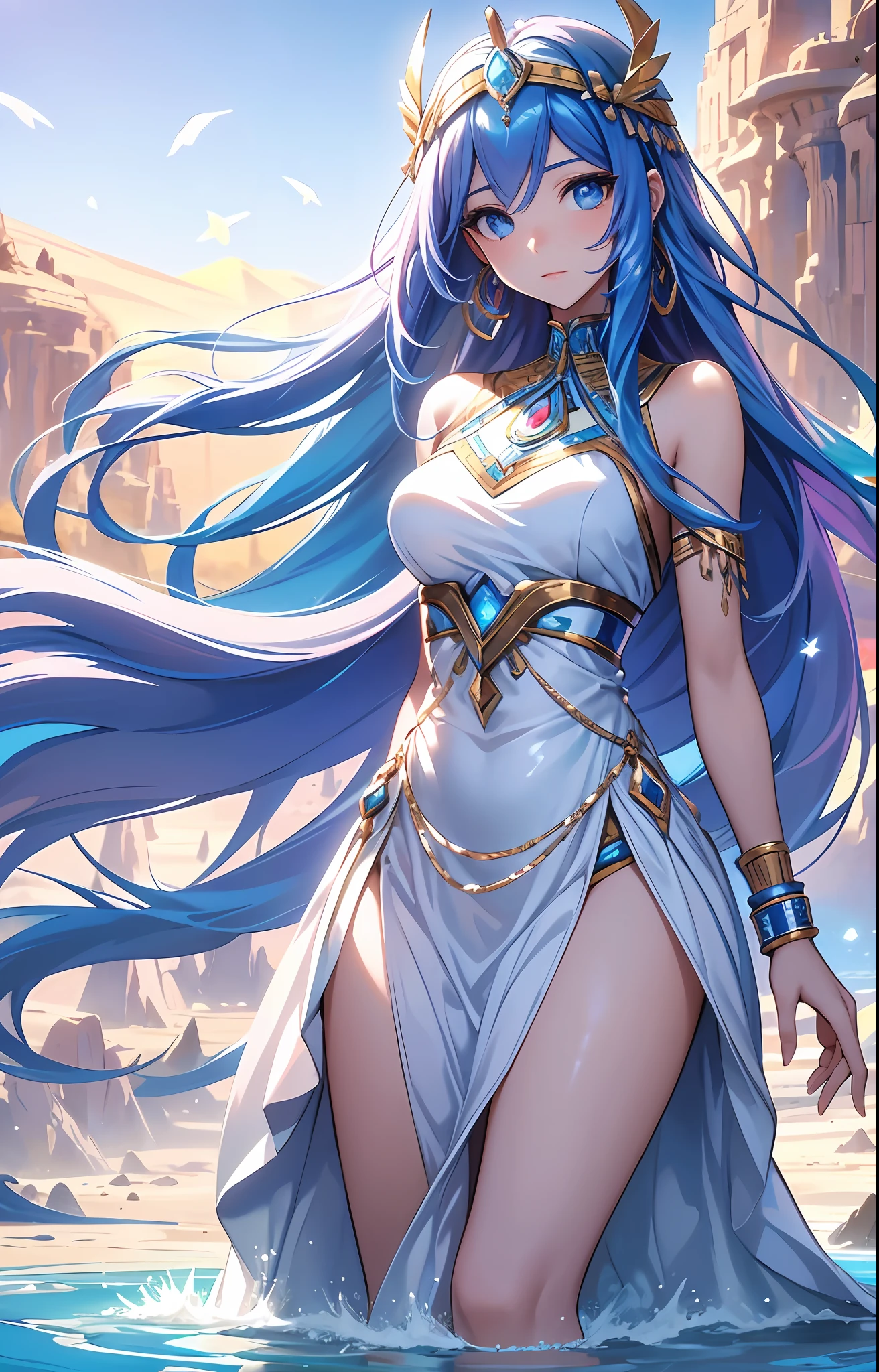 4K.High resolution,One Woman,Blue Hair,long hair,Big Breasts,Egyptian Princess,White Dress,Costume with golden decoration,Bejeweled costumes,hair band,Medieval castle
