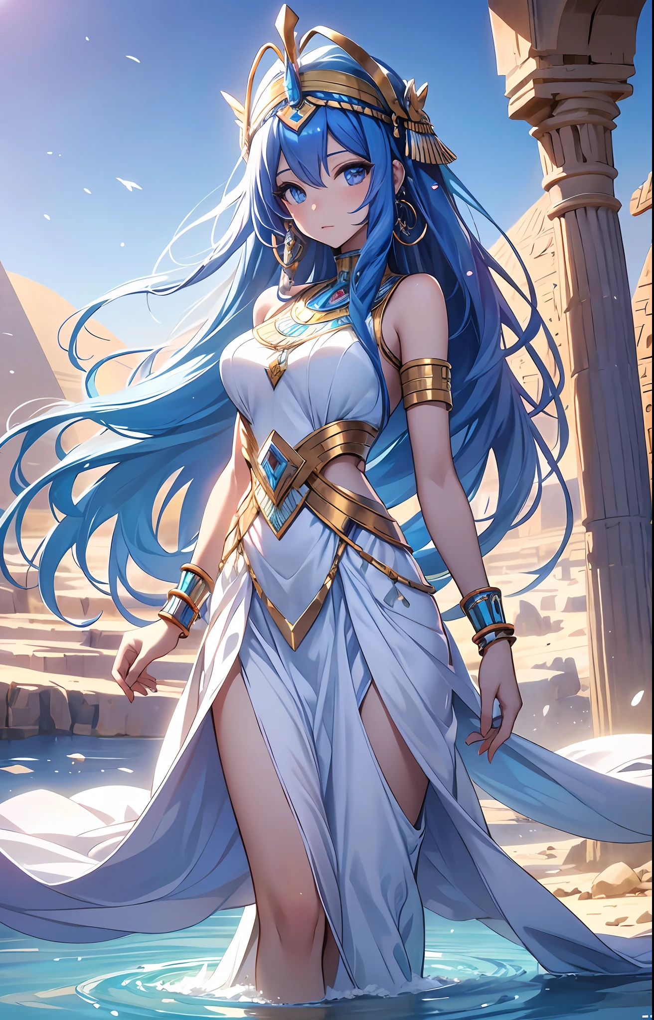 best qualityer,tmasterpiece,Ultimate resolution,downy,Extremely colorful,Colorful,Oasis background,Ancient Egyptian woman,Long azure hair,a matural female,Long white dress in Egyptian style,a white long skirt,Treading water,Desert oasis,Nile River,Normal posture