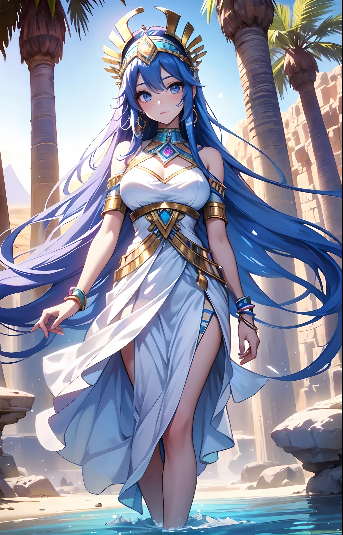 best qualityer，tmasterpiece，Ultimate resolution，downy，Extremely colorful，Colorful，Oasis background，Ancient Egyptian woman，Long azure hair，a matural female，Long white dress in Egyptian style，a white long skirt，Treading water，Desert oasis，Nile River，Normal posture