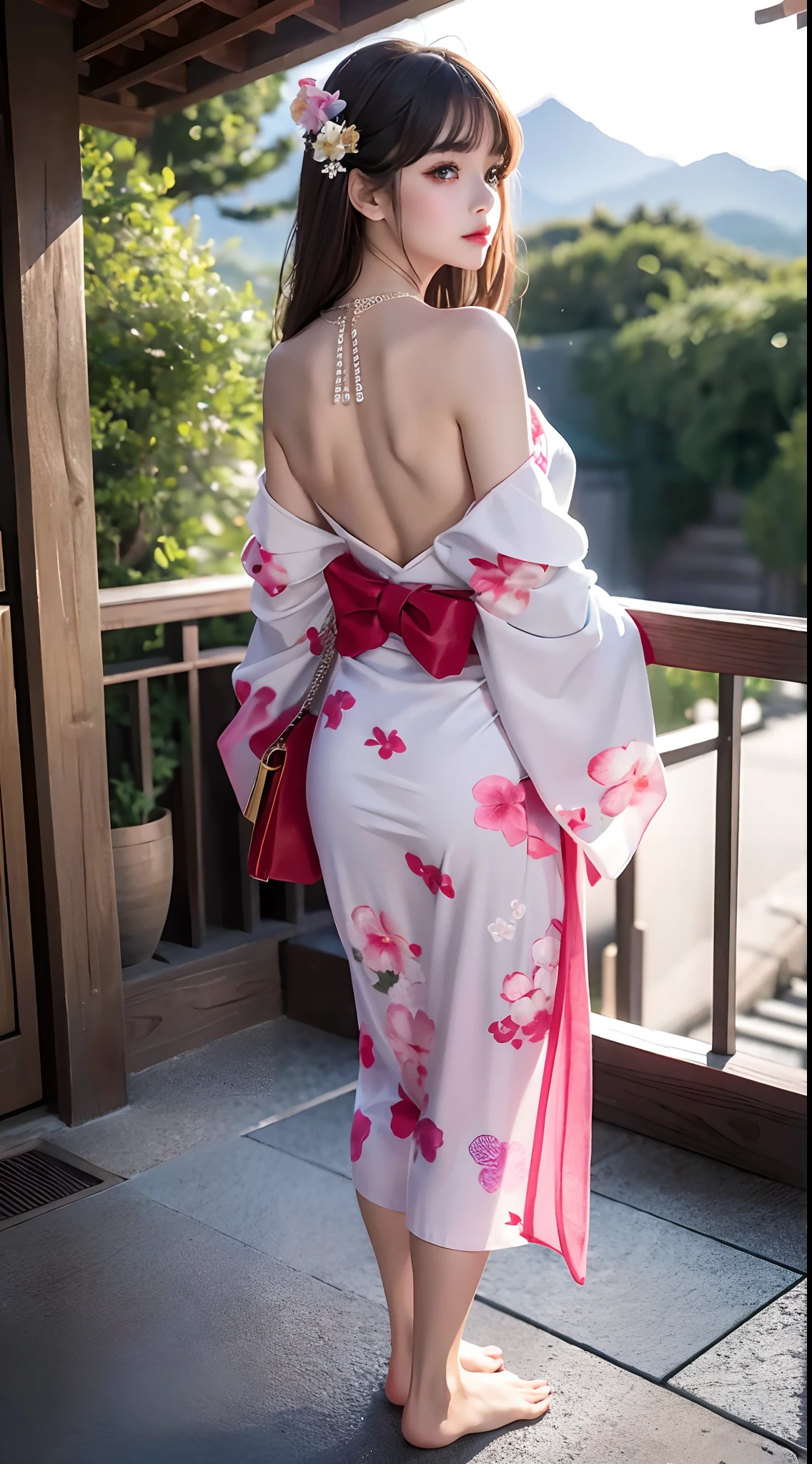 4K Ultra HD, Masterpiece, Cute little girl s, Nice face, Detailed Eyes, Liquid Lipstick, Long hair, Hair spreads, necklaces, Beautiful yukata, Short Yukata, floral pattern, highlights, lighting effects, glittering, realistic background, Japan's Natural Background, blossom, sunlights, mountains, Full-body capture, You can see bare feet, Pretty legs, I can see the panties, Open Shoulder, Brighten your face, Look from behind