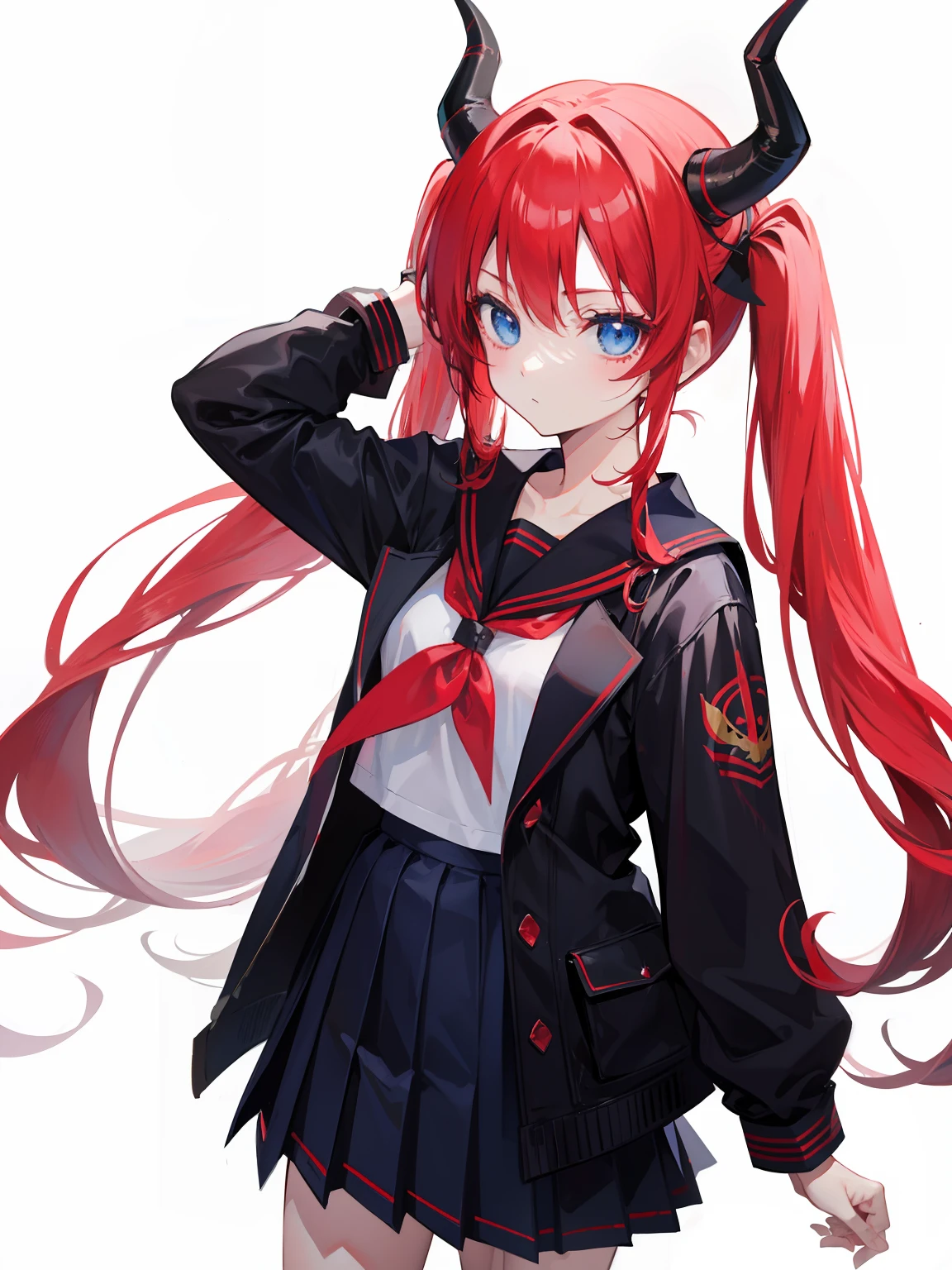 red hair, blue eyes, twintails, Sailor suit,black coat, Dragon horns,Pleated skirt,solo,loli,cute,bow