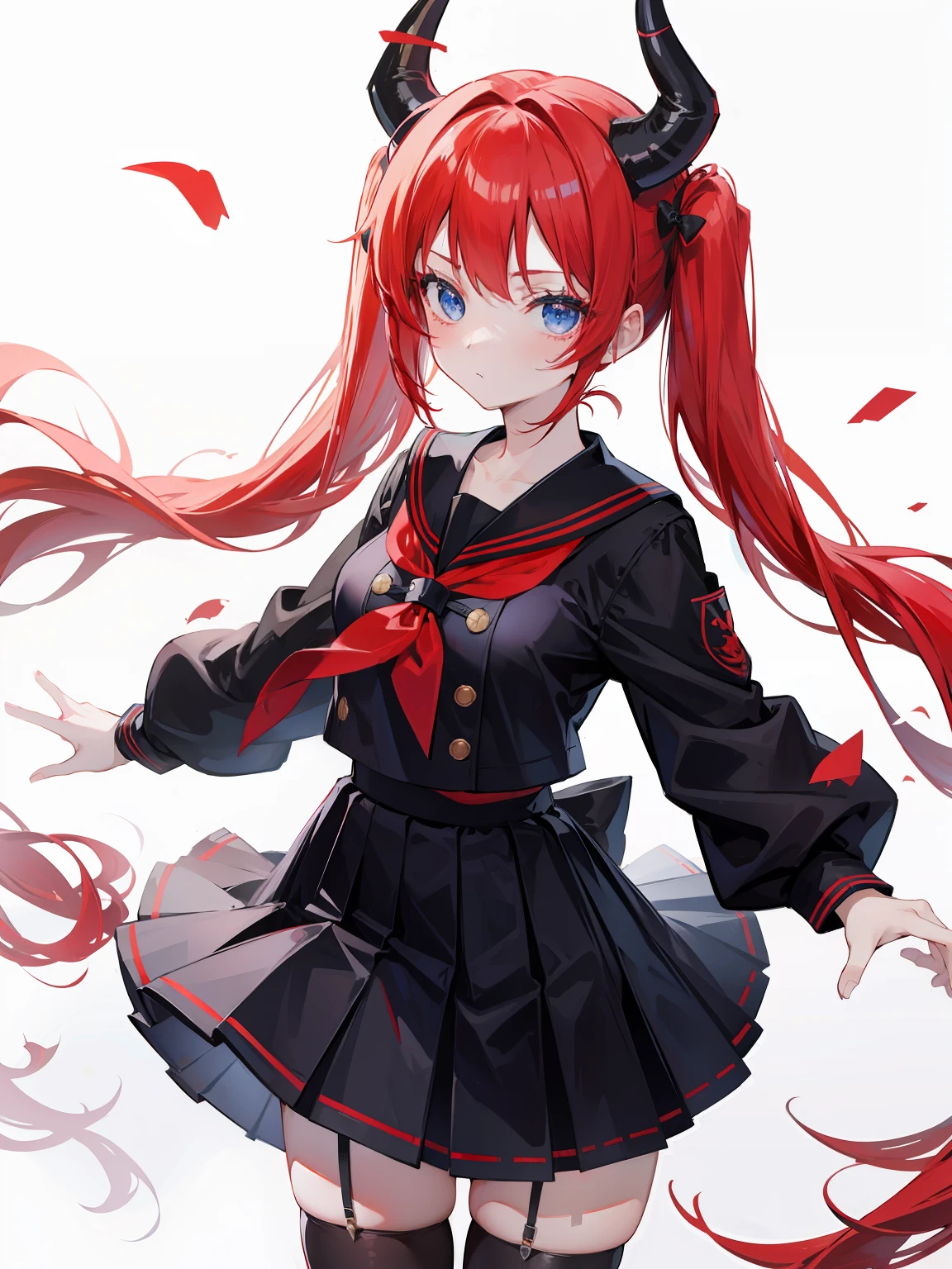 red hair, blue eyes, twintails, Sailor suit,black coat, Dragon horns,Pleated skirt,solo,loli,cute,bow