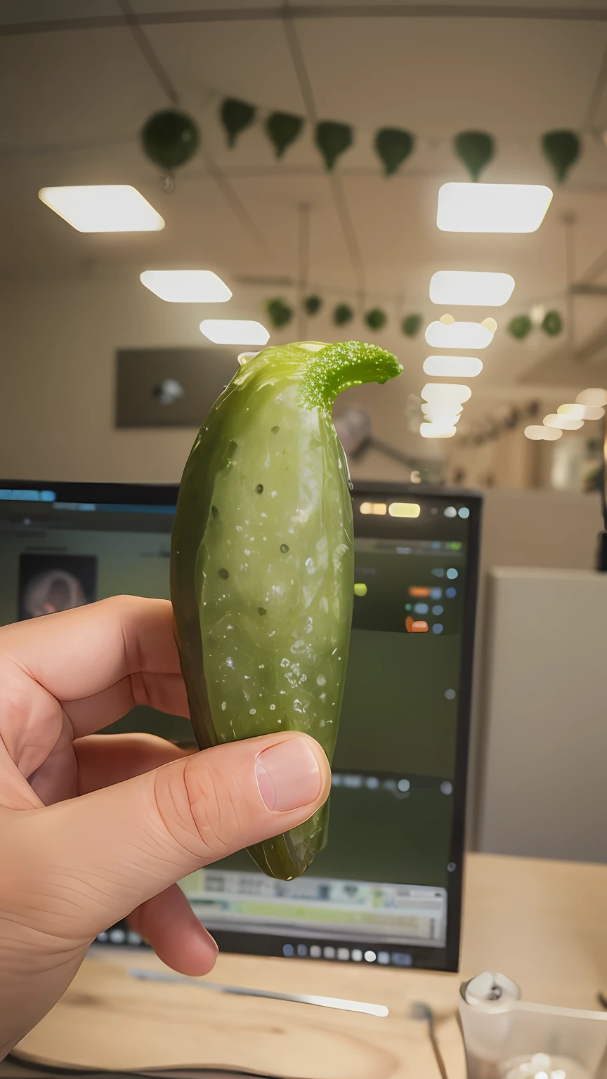 highly realistic photograph, Someone holding a cucumber in front of a computer monitor, Cucumber, an alien fruit, Pickled Cucumber, Mark Zuckerberg as Zucchini, she is a gourd, super realistic food picture, It's an olive, gourds, 🍸🍋, shot on nikon z9, Cucumber, the photo shows a large, close-up shot taken from behind.