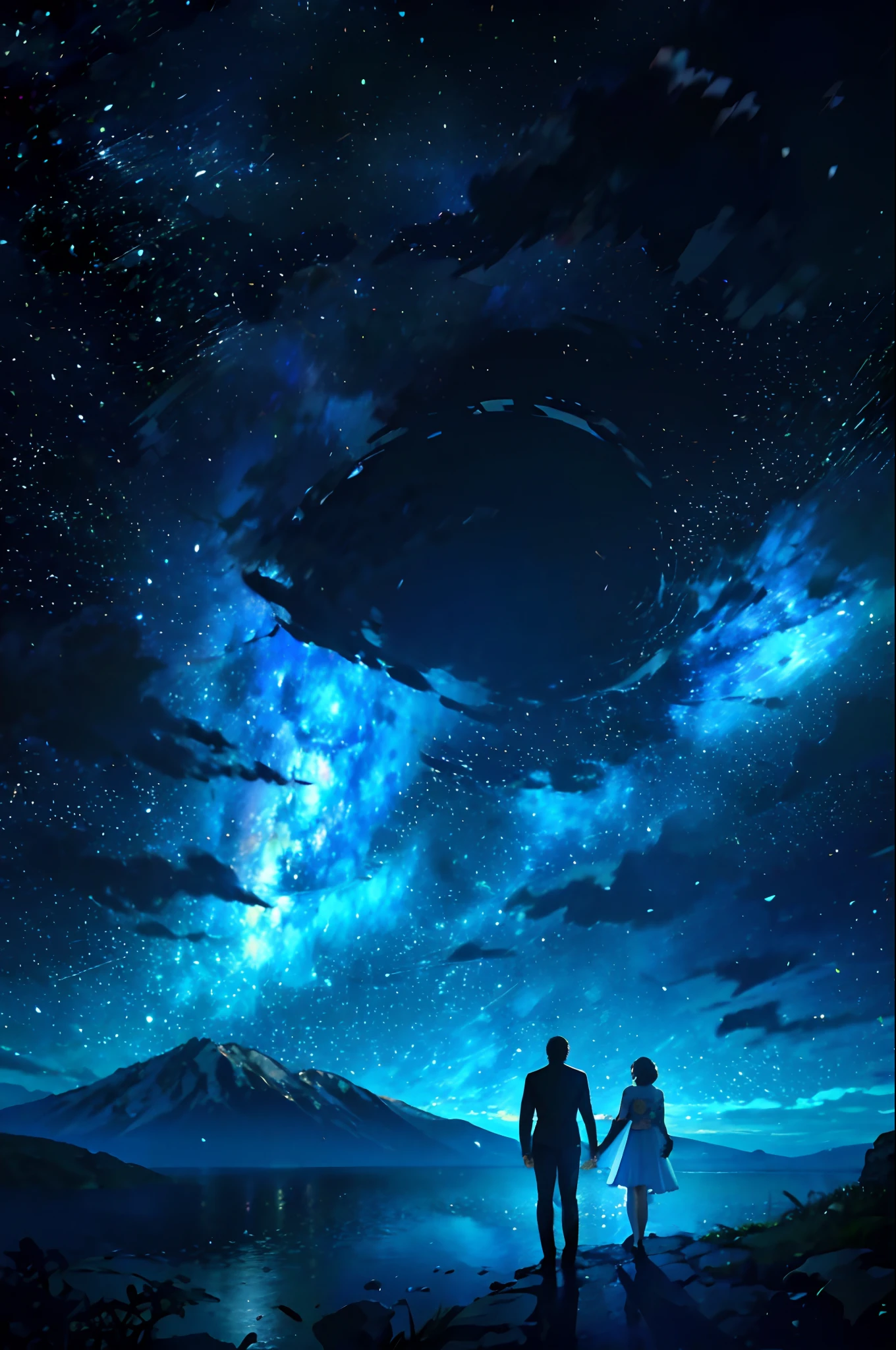 1 Newlyweds wearing wedding dresses and suits，Look at the stars at the top of the mountain，The stars shining in the sky form a romantic pattern，Witness the Sea Oath Mountain Alliance，Romantic movie stills