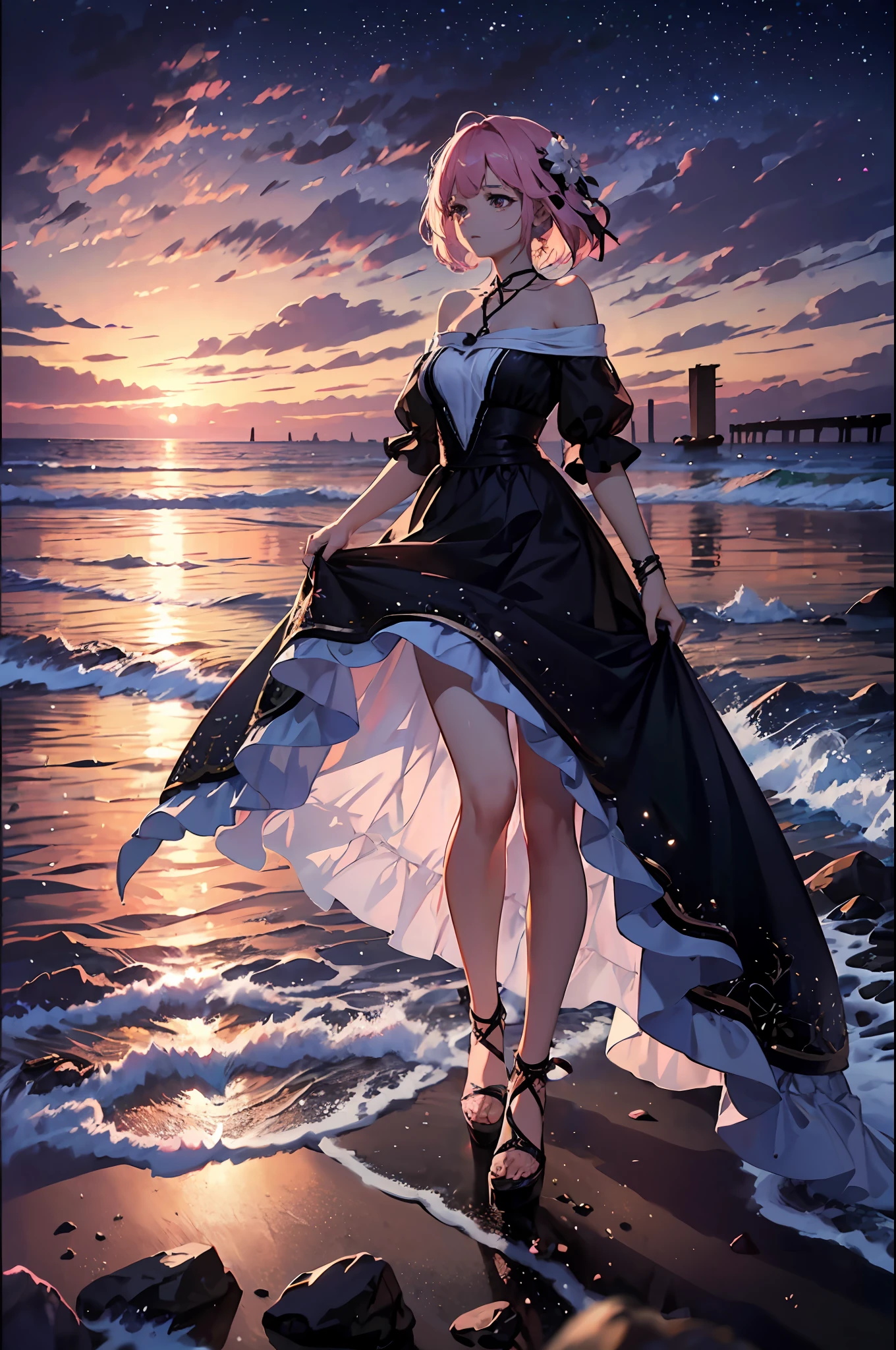 offcial art, Unity 8k wallpaper, Ultra detailed, Beautiful and aesthetic, Masterpiece, Best quality, Tangled, entangle, 1girll，Gaze at the stars，Full body photo，Face away from the camera，A pink-haired，girl walking on the beach，