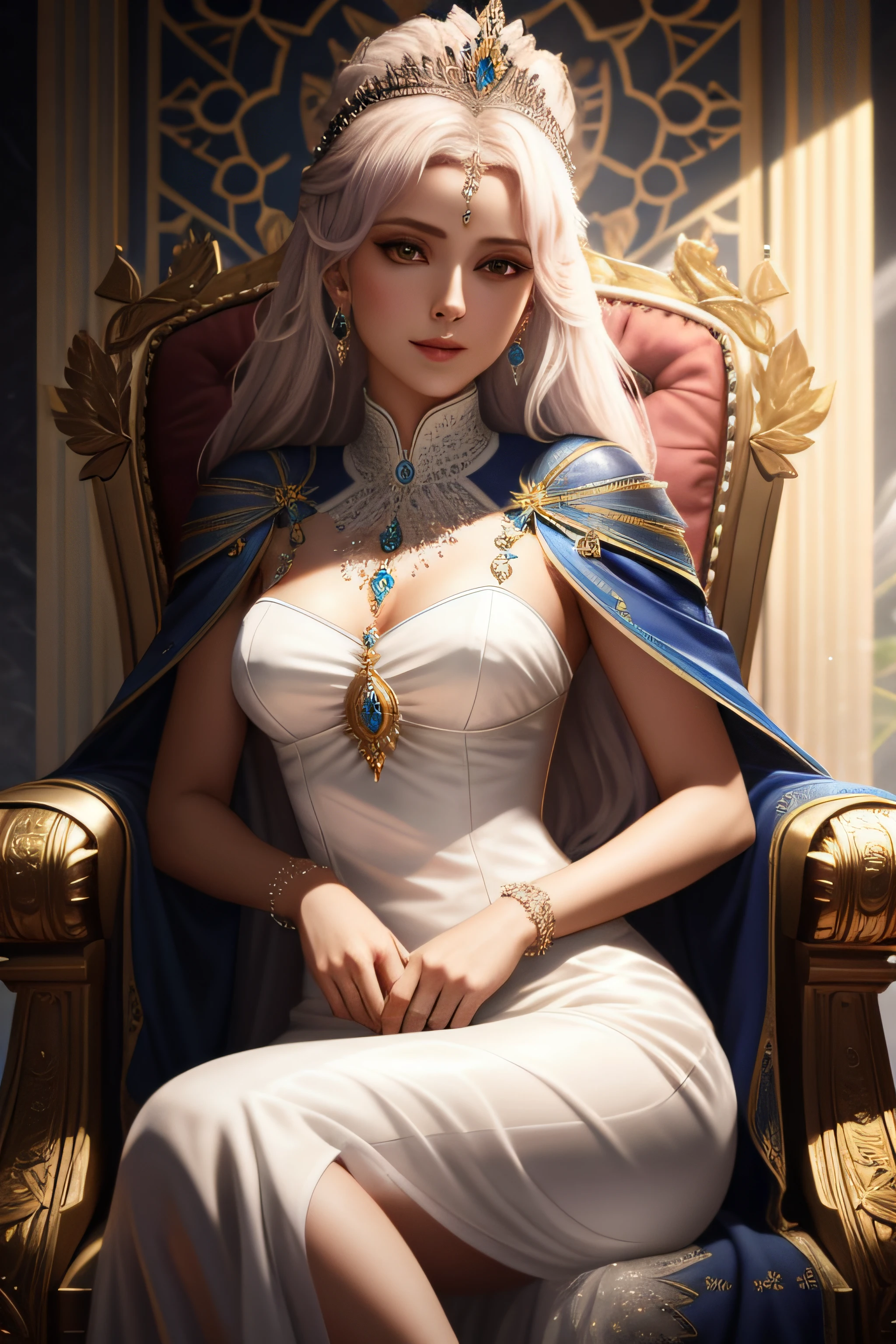mulher arafed em um vestido branco sentado em uma cadeira com uma coroa, uma bela imperatriz fantasia, Rainha elfa bonita e elegante, ((uma bela imperatriz fantasia)), Retrato de uma rainha elfa, 8k arte detalhada de alta qualidade, em seu trono, Alexandra Fomina Artstation, fanart melhor artstation, 2. 5 d cgi anime fantasia arte