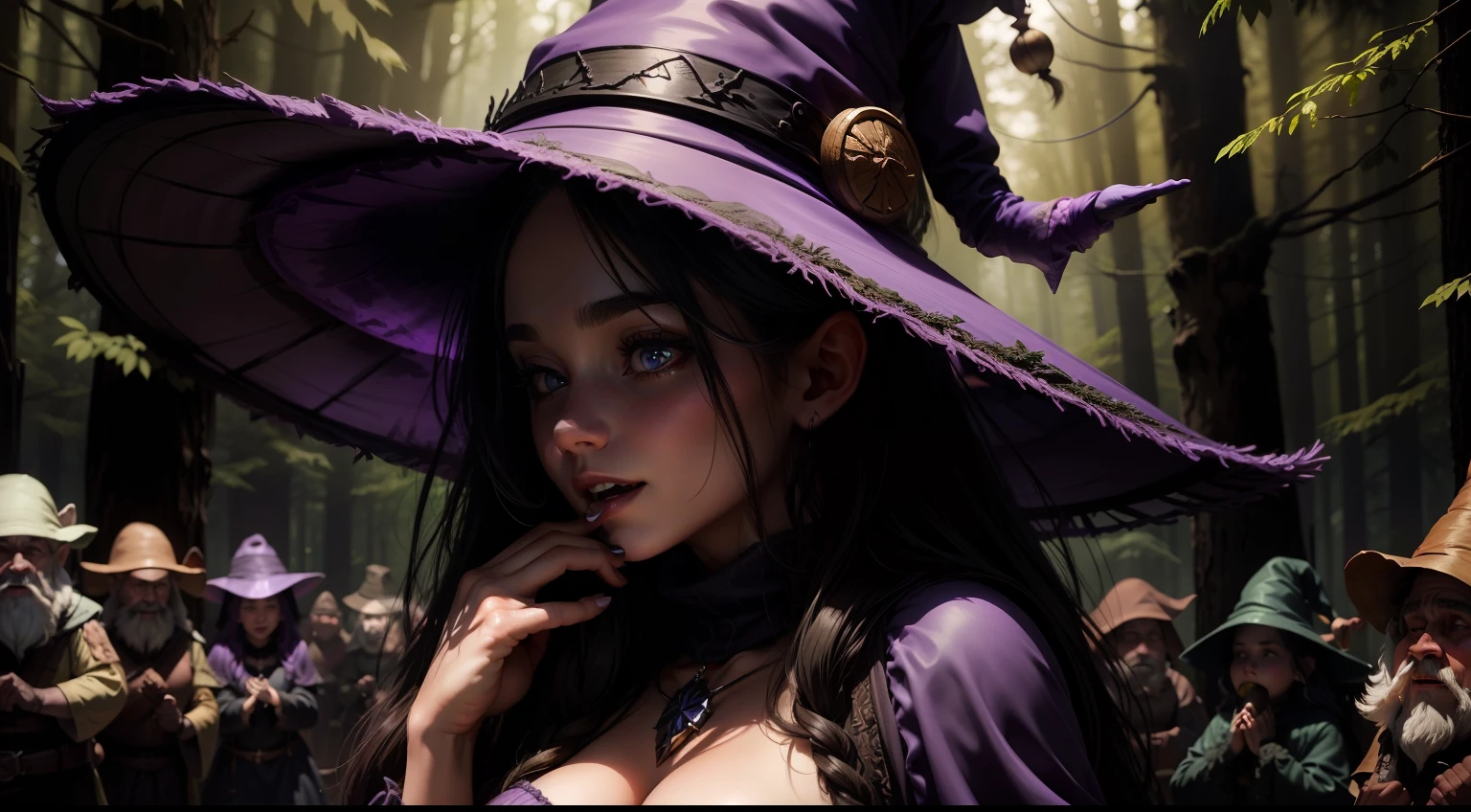 A cute witch walking in the forest with some dwarfs, purple witch hat, beautiful body shape, fit, high detailed, high image quality, laughing with eyes looking down, eye lid slightly closed,  covering her mouth with the back of her hand, high contrast, masterpiece, not close to the camera, witch clothes