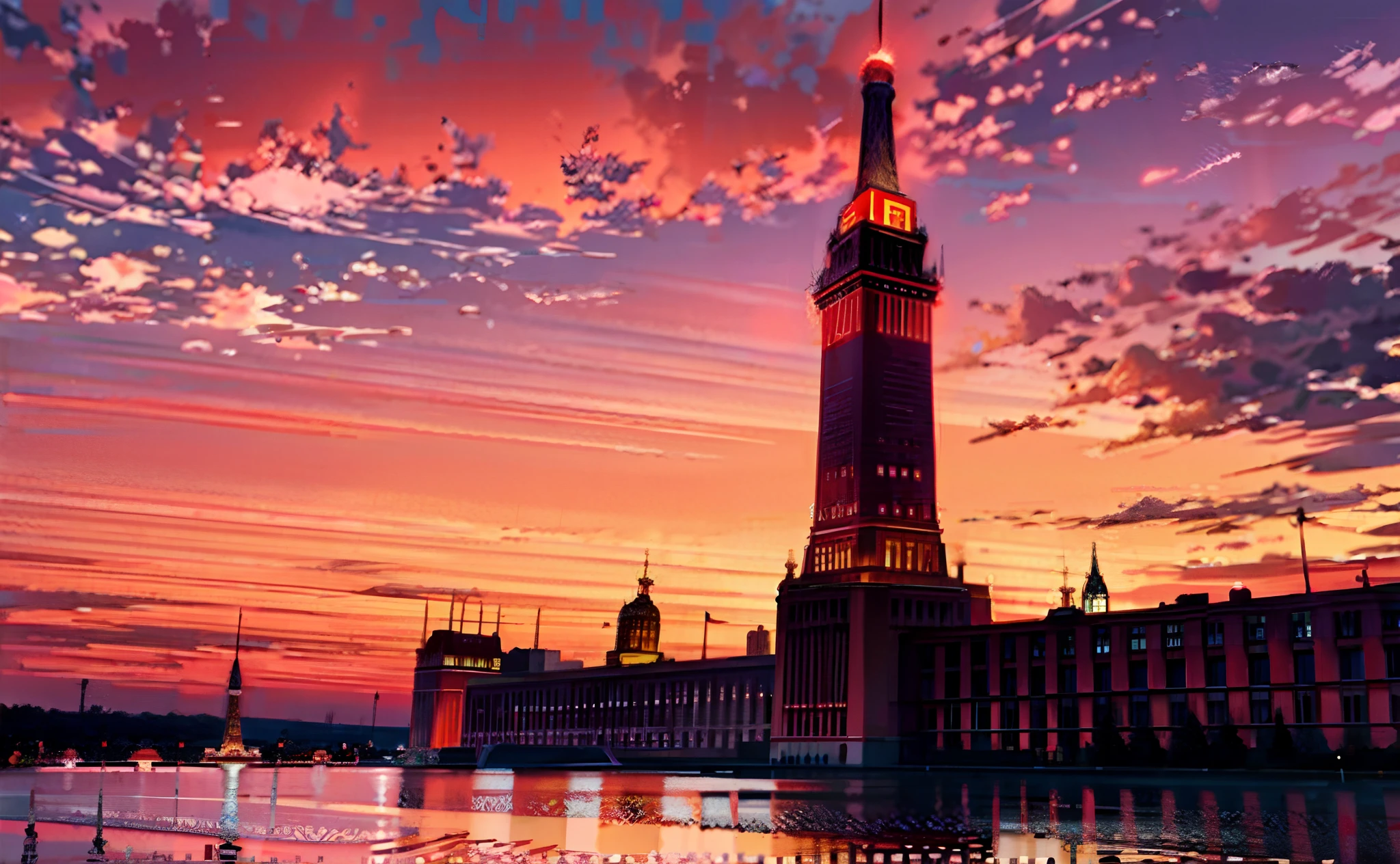 Soviet Socialist Union，wide wide shot，Palace of Soviets，Sunset，Red sky，The river extends to the horizon，epic sense，Sense of grandeur