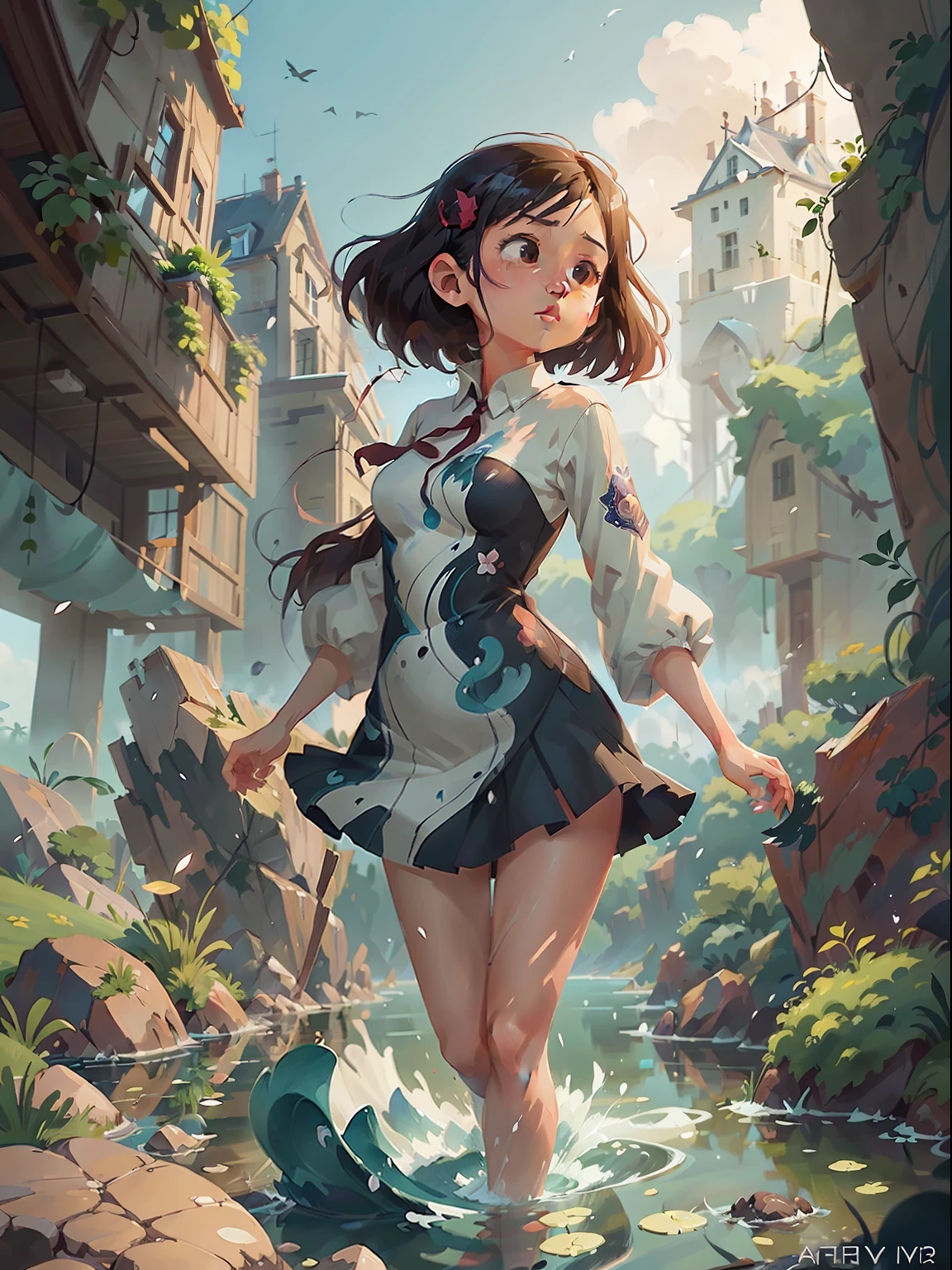 Anime wind painting woman in the water, A beautiful artwork illustration,, drak, low details. Digital painting, Artgerm and Atey Ghailan, highly detailed digital painting, Beautiful digital artwork, Beautiful digital illustration, by Yang J, digital concept art illustration, author:Ryan Yee,Full body display,three point perspective,wide wide shot