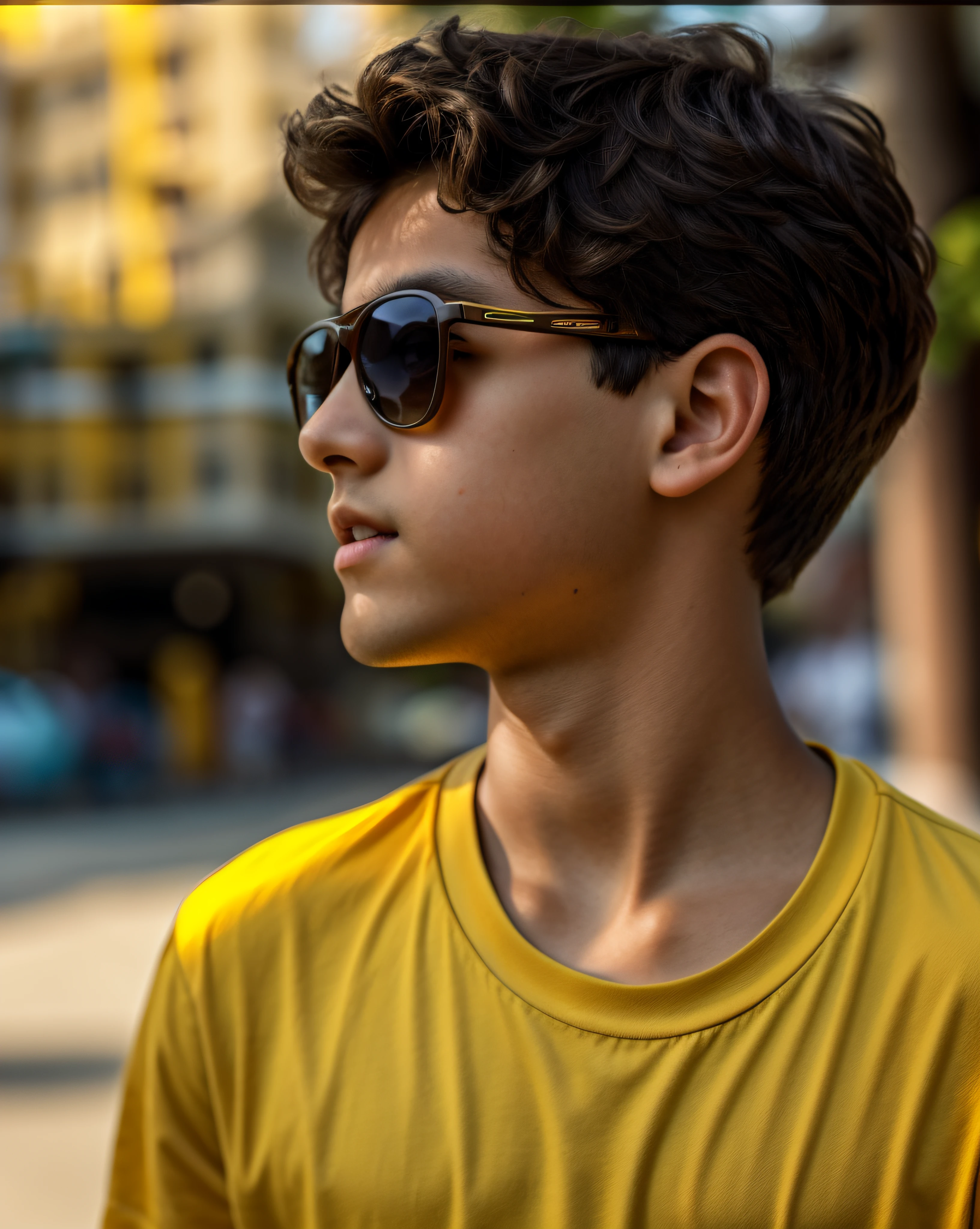 there is a young boy, dark brown hair, wearing sunglasses and a yellow shirt, 12 year old boy, looking to the side, blurred background, extremely detailed, portrait, 4k
