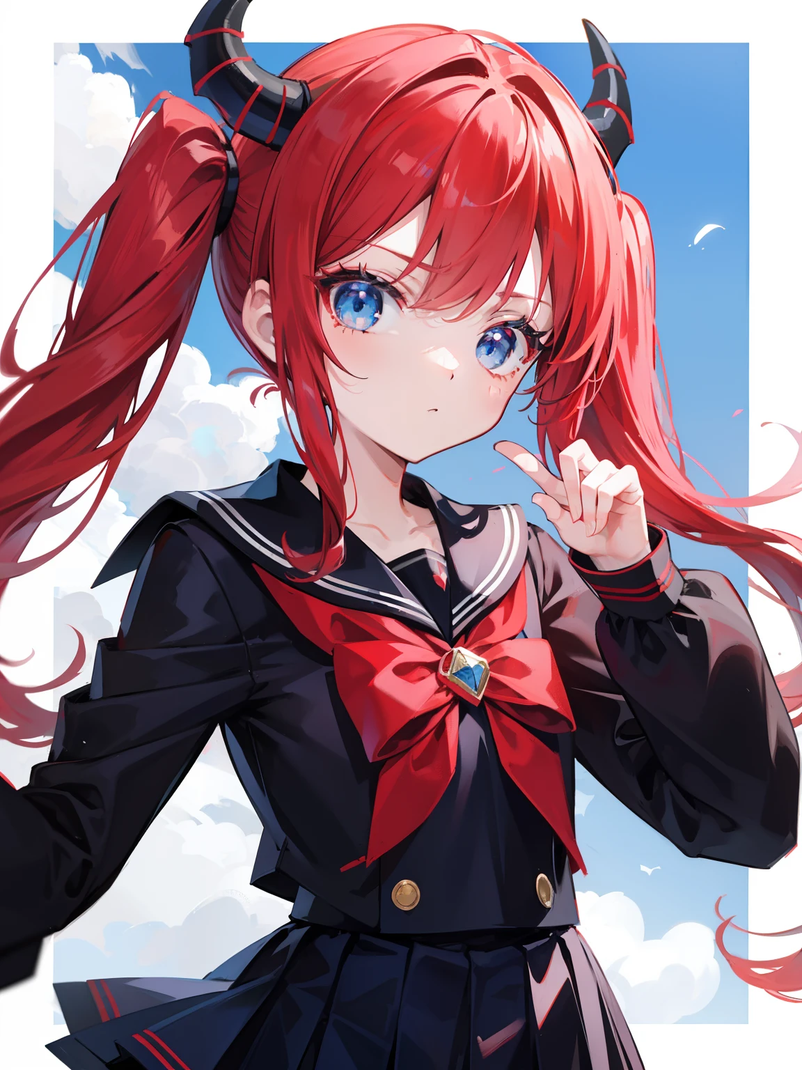 red hair, blue eyes, twintails, Sailor suit,black coat, Dragon horns,Pleated skirt,solo,li,cute,bow