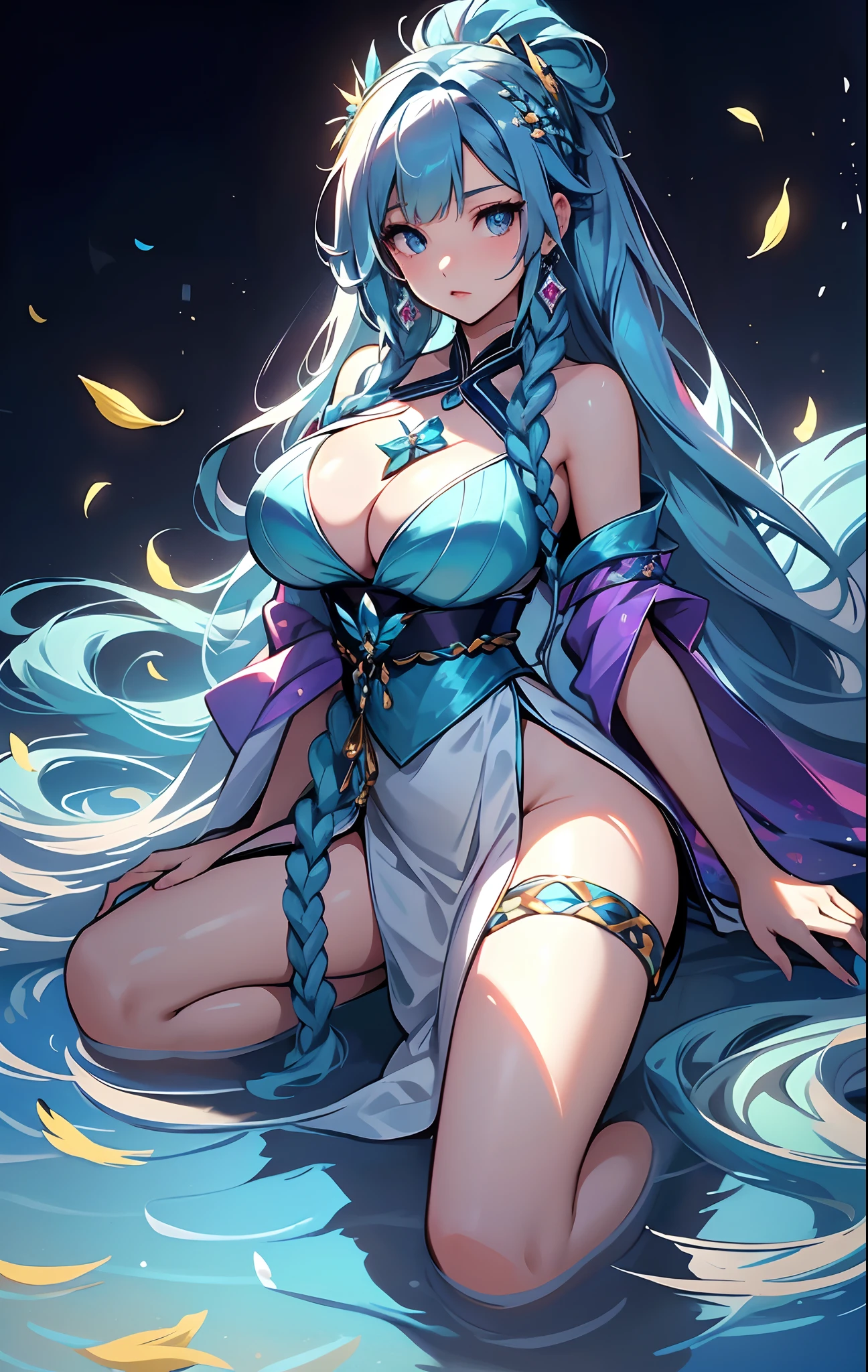 best qualityer，tmasterpiece，Ultimate resolution，downy，Extremely colorful，Colorful，water background，（Lake surface）,Dancer，White kimono long dress，huge tit，hair-bun，Fine braids，（Long aqua blue hair），Blue lip gloss，a matural female，（The barefoot），Kneeling pose，daffodil，Normal posture