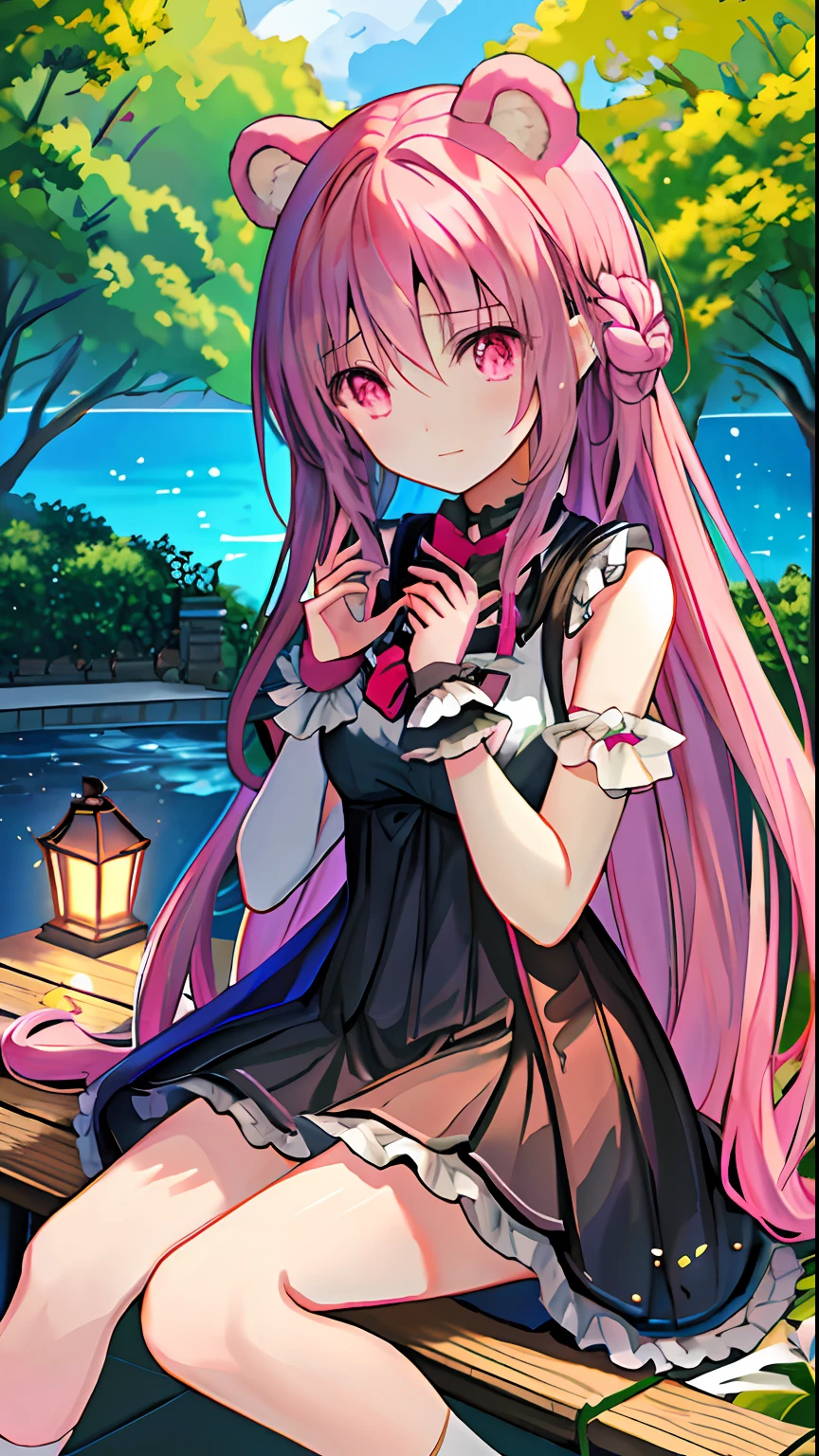Beautiful illustration,Best quality at best,cute female child,Bedrooms,pastel colour,Fluffy rabbit ears,petite,sliver long hair,Rabbit stuffed toy,Bright lights,A masterpiece of light pink eyes, Best quality, 1girll, Pink hair, Long hair, bangs, Pink eyes, Sad, in tears, view the viewer, Outdoors, Blush, frilled sleeves, Wipe away tears with your hands, With bear plush toys, Holding a toy, Very long hair, tree, Contemporary, day, Straight hair, Light, Summer background, Summer, Light sky, Clear sky, A fountain, A park, the benches, sitting on a bench, ((Detal Face))