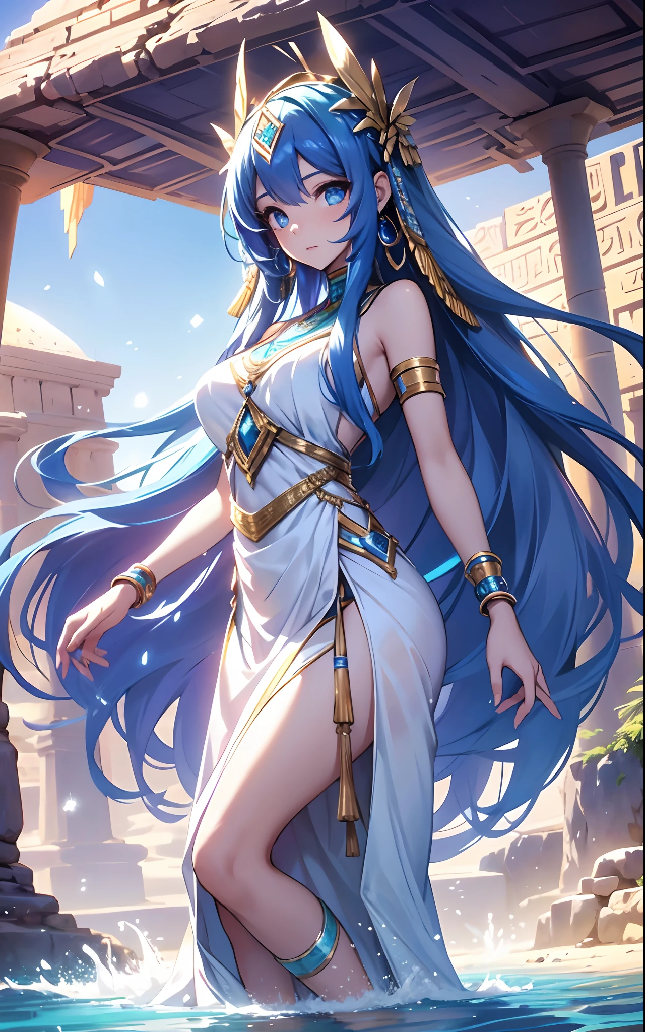 pieces fly、High resolution、1 girl、gold circlet、((sage \(DQ3\)、blue hair、circlet、light blue hair、red eyes))、、low length、slender、muscular、thin thighs、(((Sexual bra with delicate decoration、Sexual loincloth with detailed decorations、bikini armor)))、Western Temples、ancient temple、marble columns、Shot of her from below