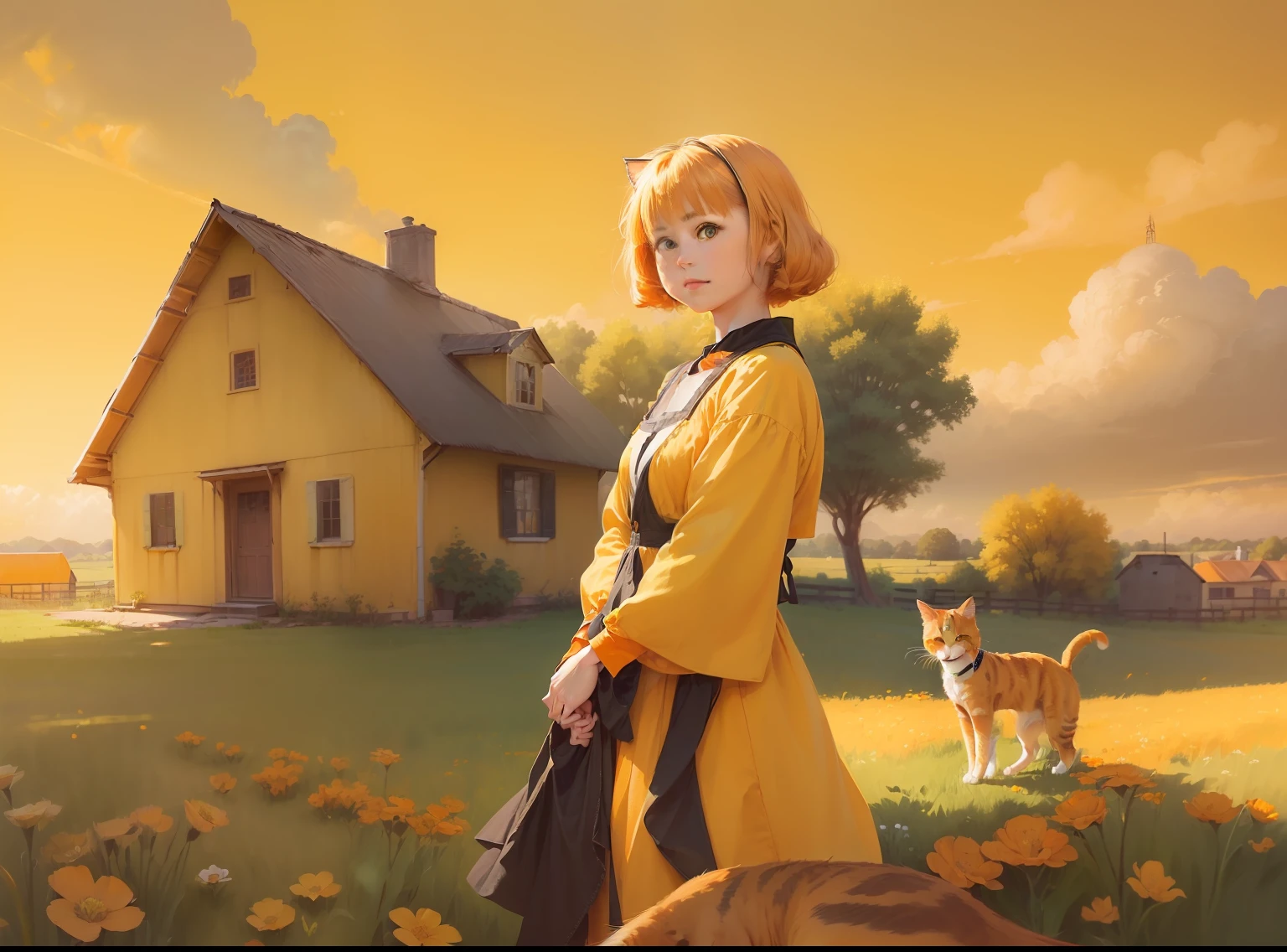 an image of ,((( ((((one))))  yellow orange calico house cat))), loving and attentive, young half Japanese half Caucasian ((girl with black hair)) , farm field summer background scene, Adobe Photoshop, Realistic Digital Painting, Portrait, High Resolution, Warm light, Symbolic Art, photorealistic, hyper-detail, 24k resolution, cat four legs.