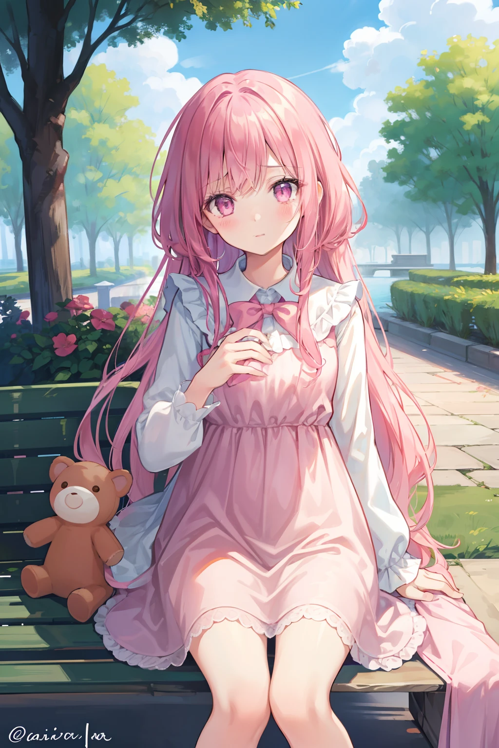 masterpiece, best quality, 1girl, pink hair, long hair, bangs, pink eyes, sad, in tears, looking at viewer, outdoors, blush, frilled sleeves, wiping away tears with one's hand, with a bear stuffed toy, holding a toy, very long hair, tree, contemporary, day, straight hair, light, summer background, summer, light sky, clear sky, a fountain, a park, a bench, sitting on the bench, ((detail face))