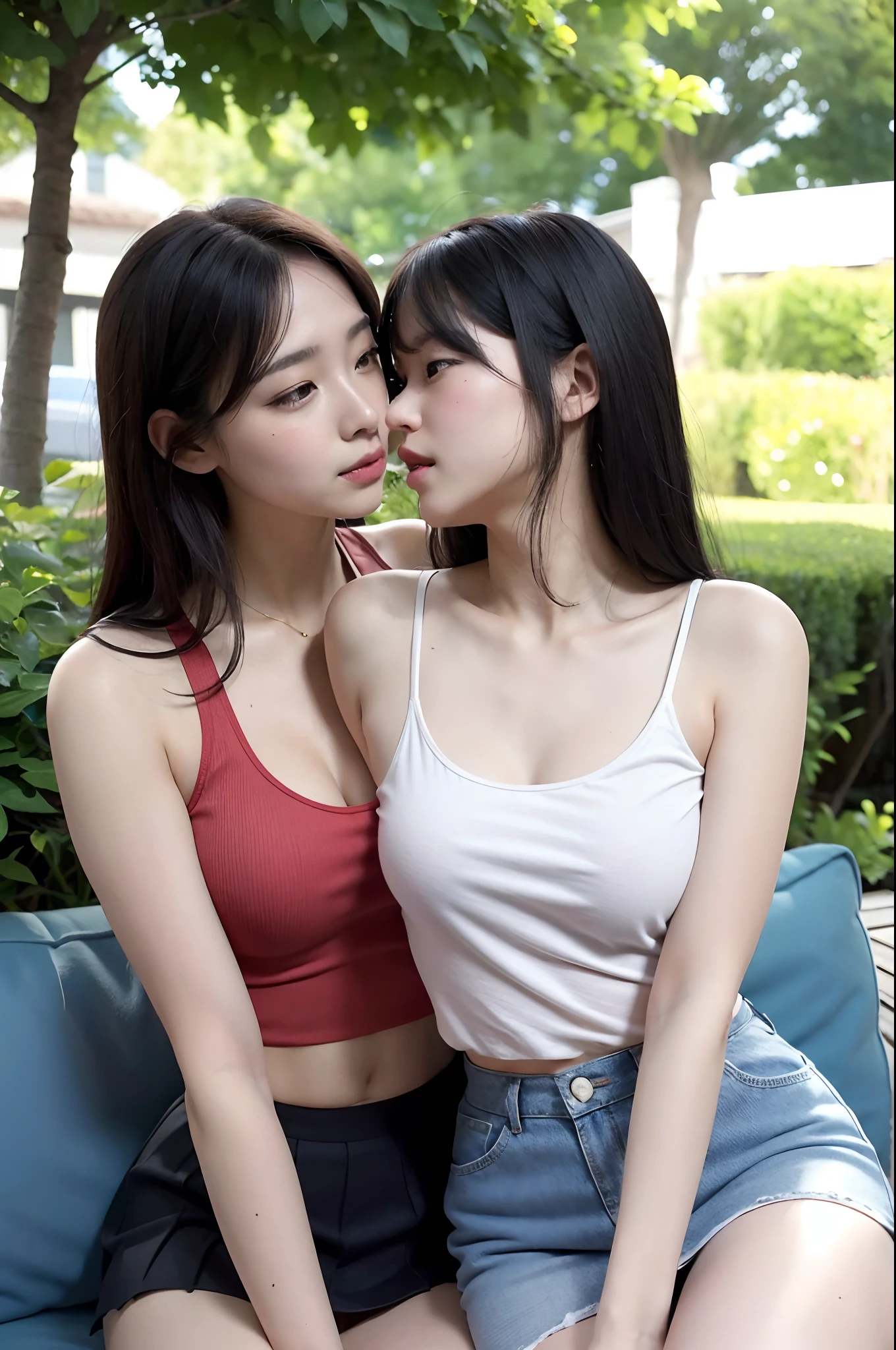 2 women having fun, lascivious:1,2, hentai:1,2, NSFW:1,2, lesbian yuri:1,2, kissing, blushing, wearing tank tops and skirts, hot summer day