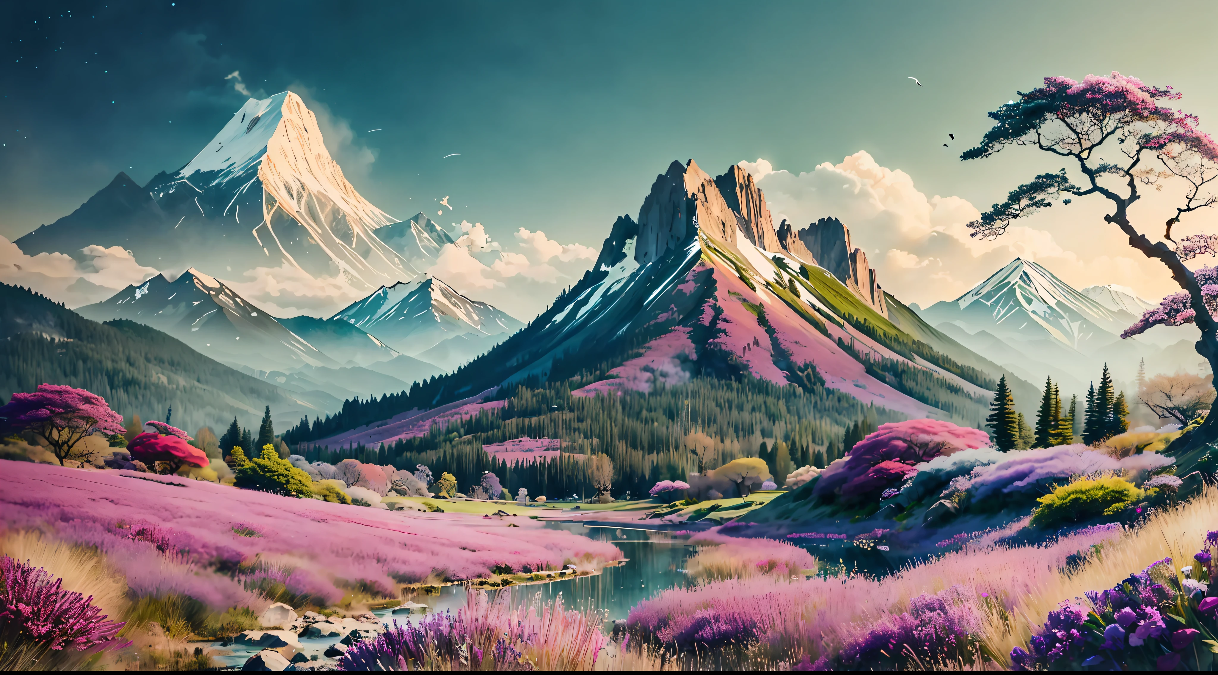 (masterpiece,best quality) PC Wallpaper, Mountain Scenery, High Detail, 4K, Daytime, green valley, spring, blue_sky, building, bush, city, cloud, cloudy_sky, day, field, flower, flower_field, forest, grass, hill, horizon, landscape, mountain, mountainous_horizon, nature, no_humans, ocean, outdoors, path, river, road, scenery, sky, afternoon, tree, water, wisteria, purple flower, eastern landscape, snowy mountain