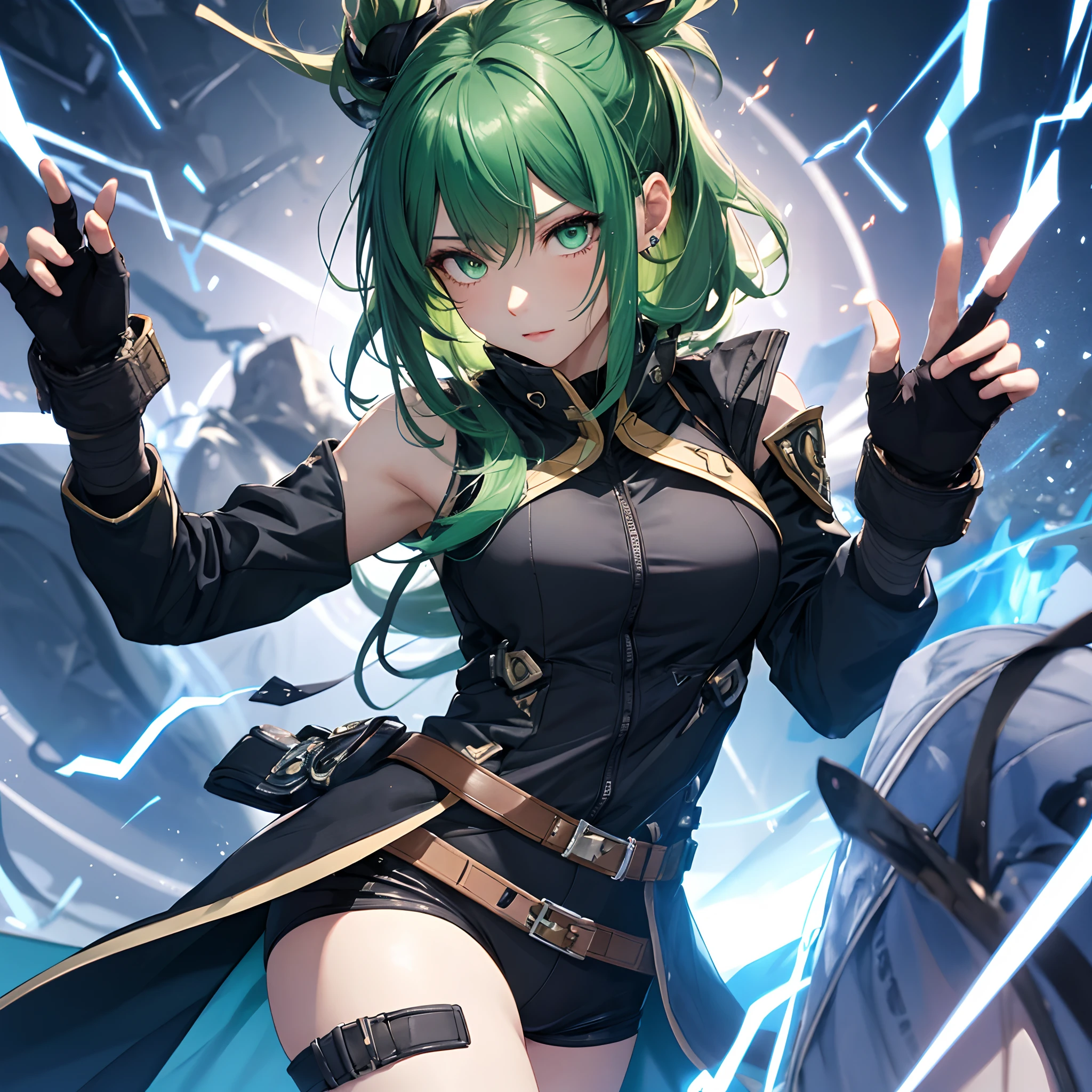 grassy, Skysky, (spheres), Zeri\(league of legend\), league of legend, 1girll, 独奏, Green hair, double tails, By bangs, Separate bangs, Green eyes, bandaid on face, 鎖骨, bare shoulders, cropped shoulders, longer sleeves, nedium breasts, jaket, blue jacket, open clothes, Open jacket, orange tank top, hason, mitts, black glove, Fingerless gloves, trouser, Black pantsuit, obi strip, (Very detailed CG unity 8k wallpaper), (best qualtiy), (ultra - detailed), (realisticlying), the wallpaper, best qualtiy, extremelydetailedeyesandface, beatiful detailed eyes, Light on the face, salama, electric sparks